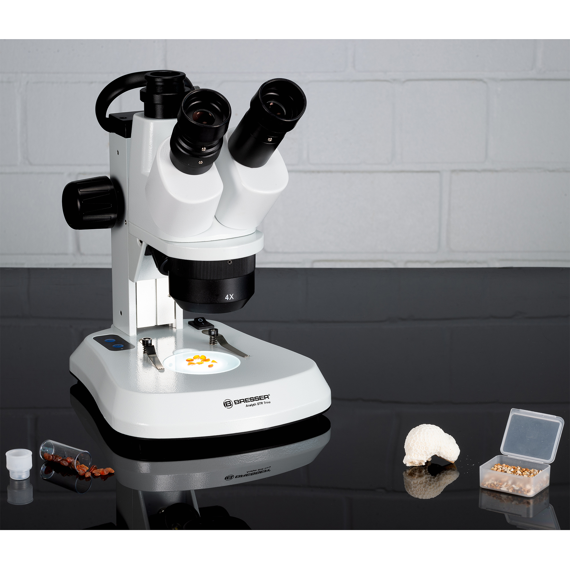 Microscopio estereoscópico con una muestra en la platina y varios recipientes pequeños cerca.