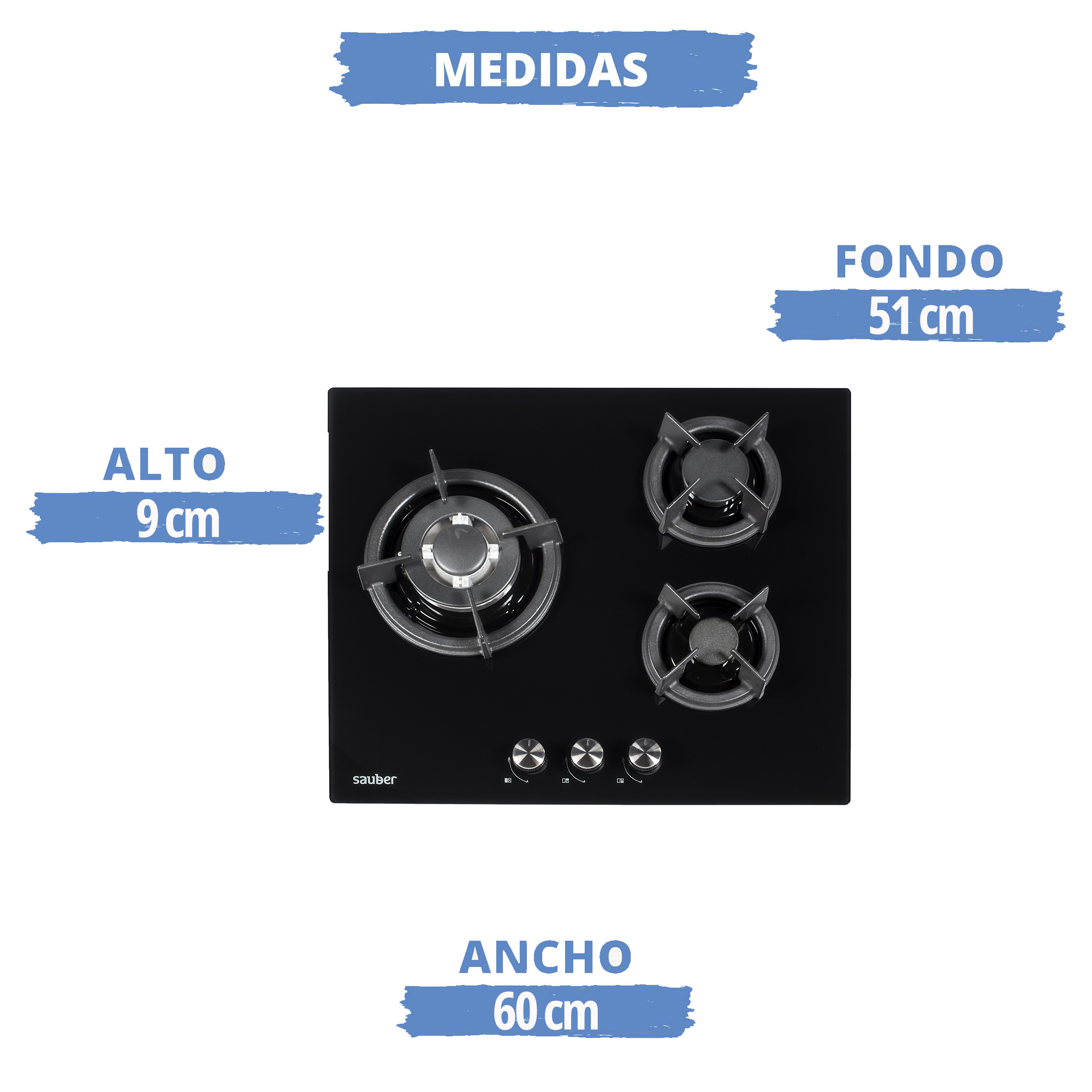 Una placa de cocina de vidrio negro con medidas y quemadores de gas de Sauber.