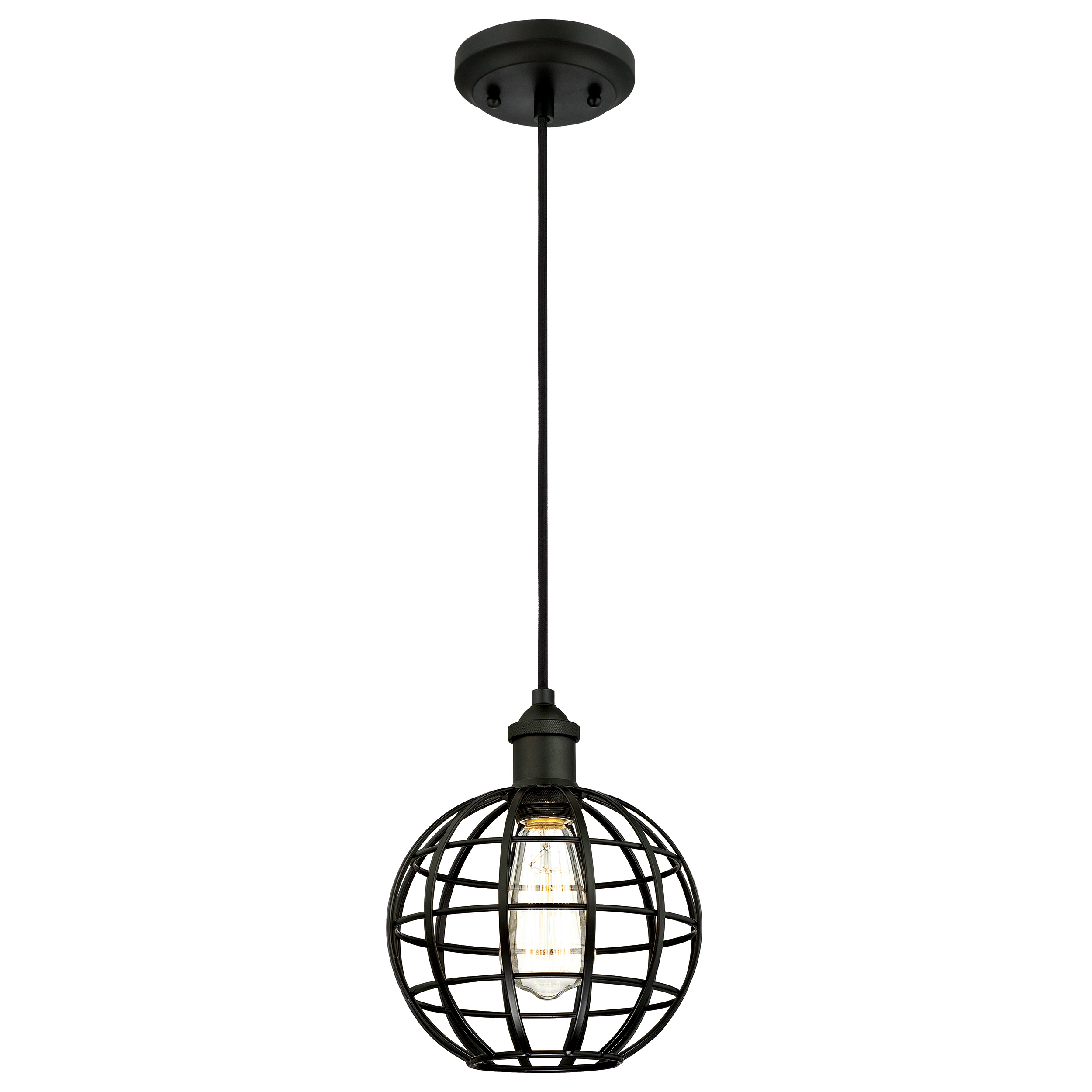 Eine schwarze Pendelleuchte mit einem kugelförmigen Käfig und einer freiliegenden Glühbirne.