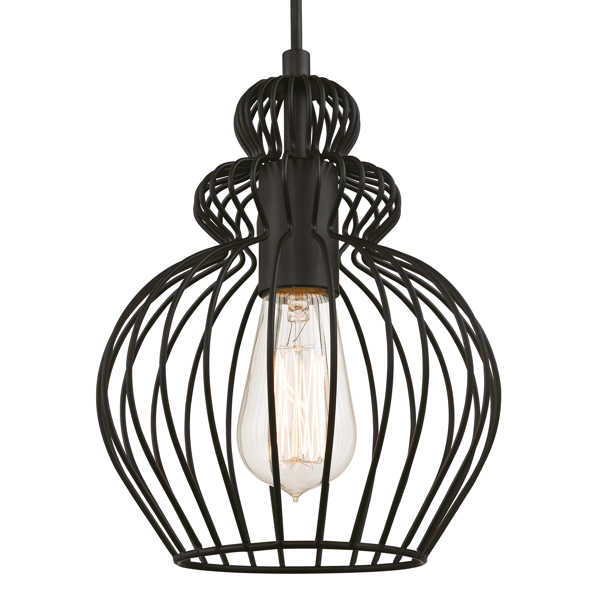 Schwarze Pendelleuchte mit einer Edison-Glühbirne.
