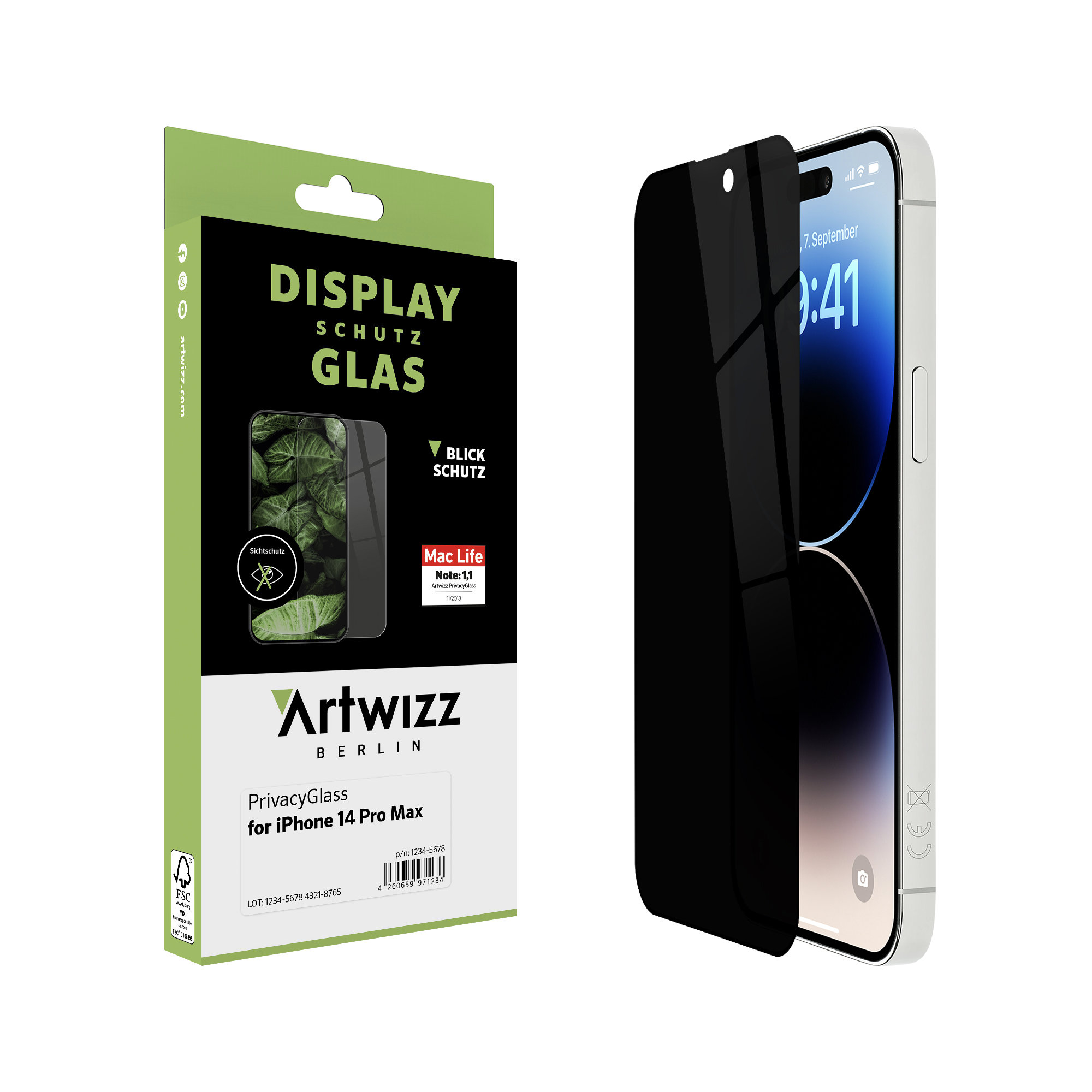 ARTWIZZ PrivacyGlass Displayschutz(für Apple Pro) iPhone 14
