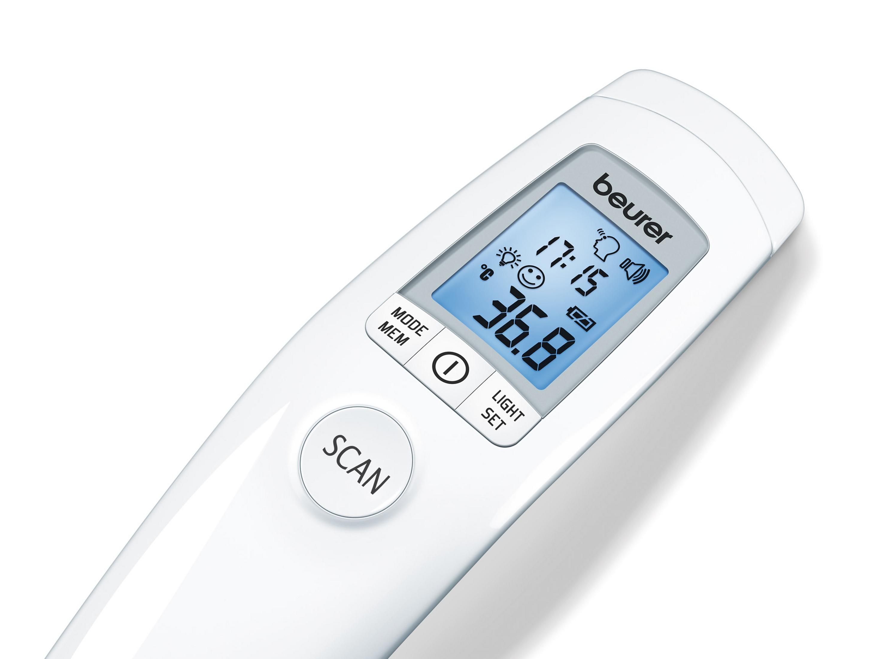 Ein weißes Infrarot-Thermometer mit Digitalanzeige, das die Temperatur anzeigt.