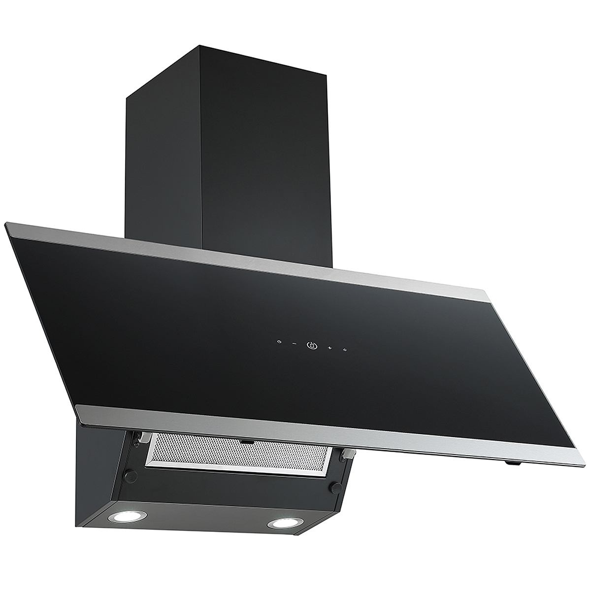 Schwarze Dunstabzugshaube mit Glasfront und zwei Lichtern. Silberne Verkleidung.