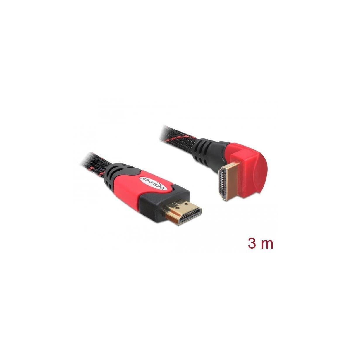 HDMI-Kabel mit gewinkeltem Stecker. Es ist schwarz und rot, mit goldenen Steckern und 3 m lang.