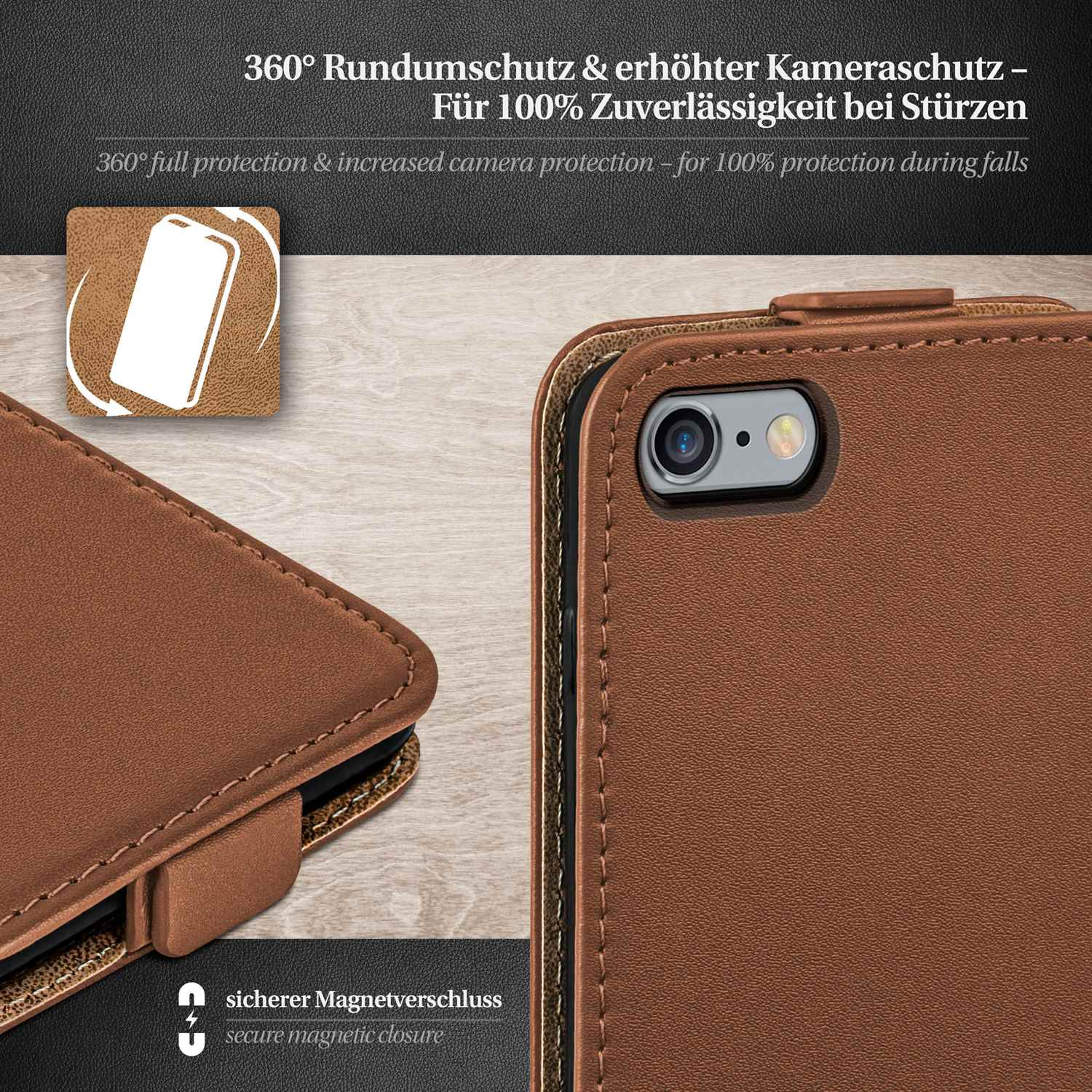 Braune Leder-Handyhülle mit teilweise eingelegtem Telefon. Mit Text und einer Telefon-Diagramm.