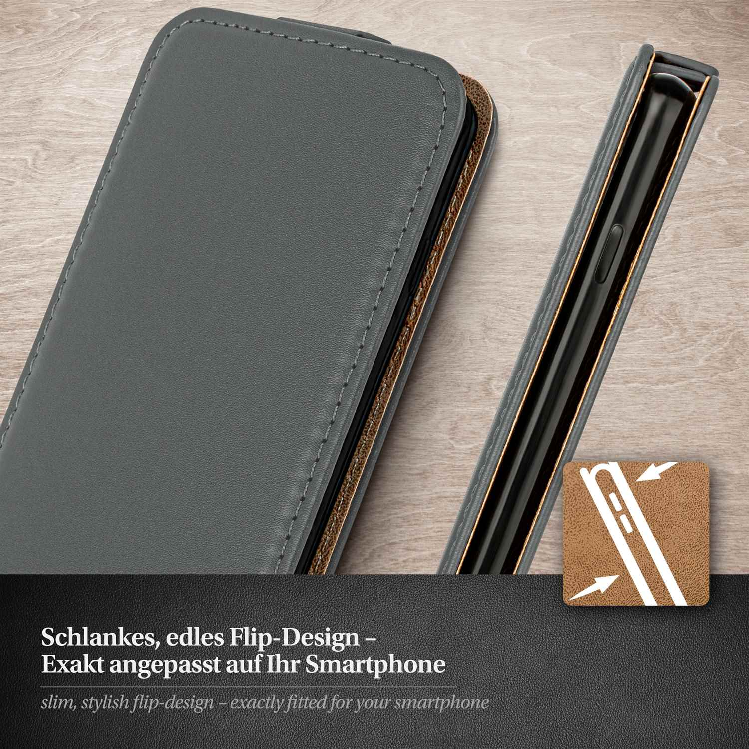 Graue Handyhülle mit lederartiger Textur, offen mit Telefondetail.