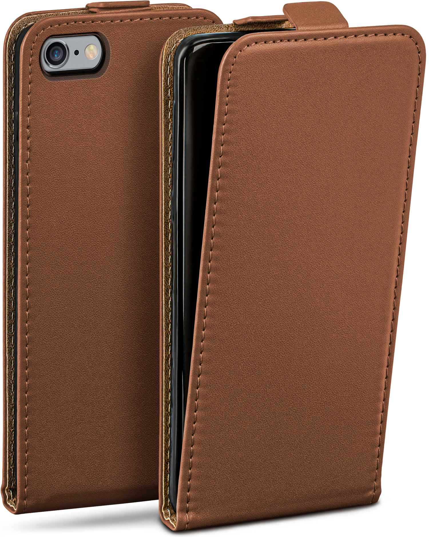 Braune Leder-Handyhülle mit Telefon darin. Die Hülle hat Nähte. Das Telefon ist schwarz.