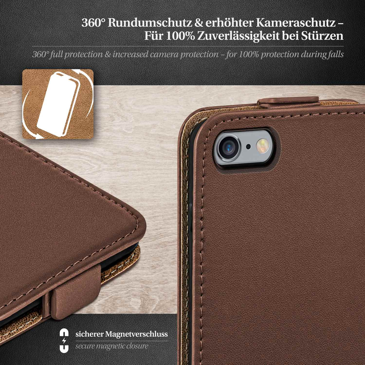 Geöffnete braune Leder-Handyhülle, die das Telefon und das Innenleder zeigt.