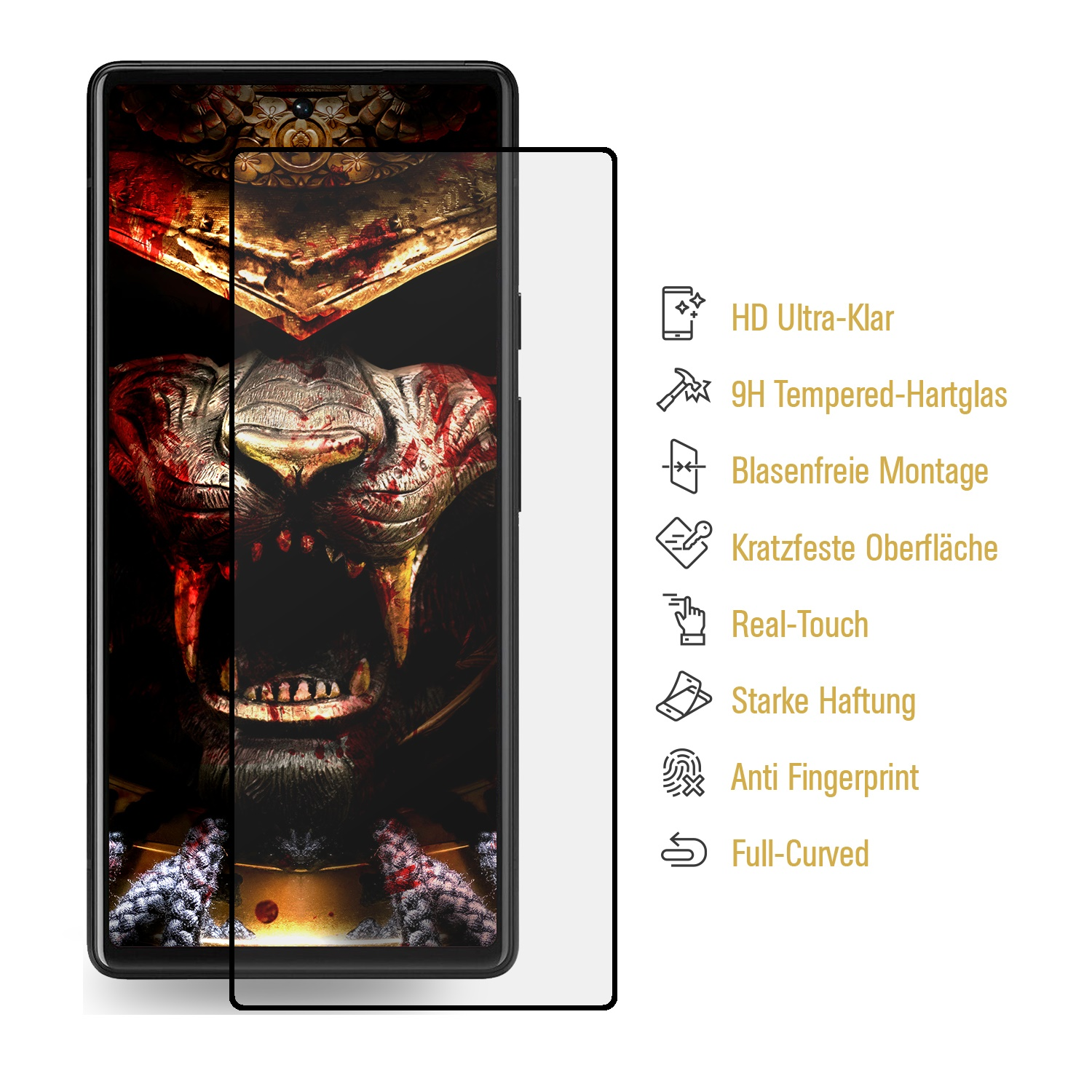 Handy-Displayschutz mit Telefon, Text und grafischen Symbolen.