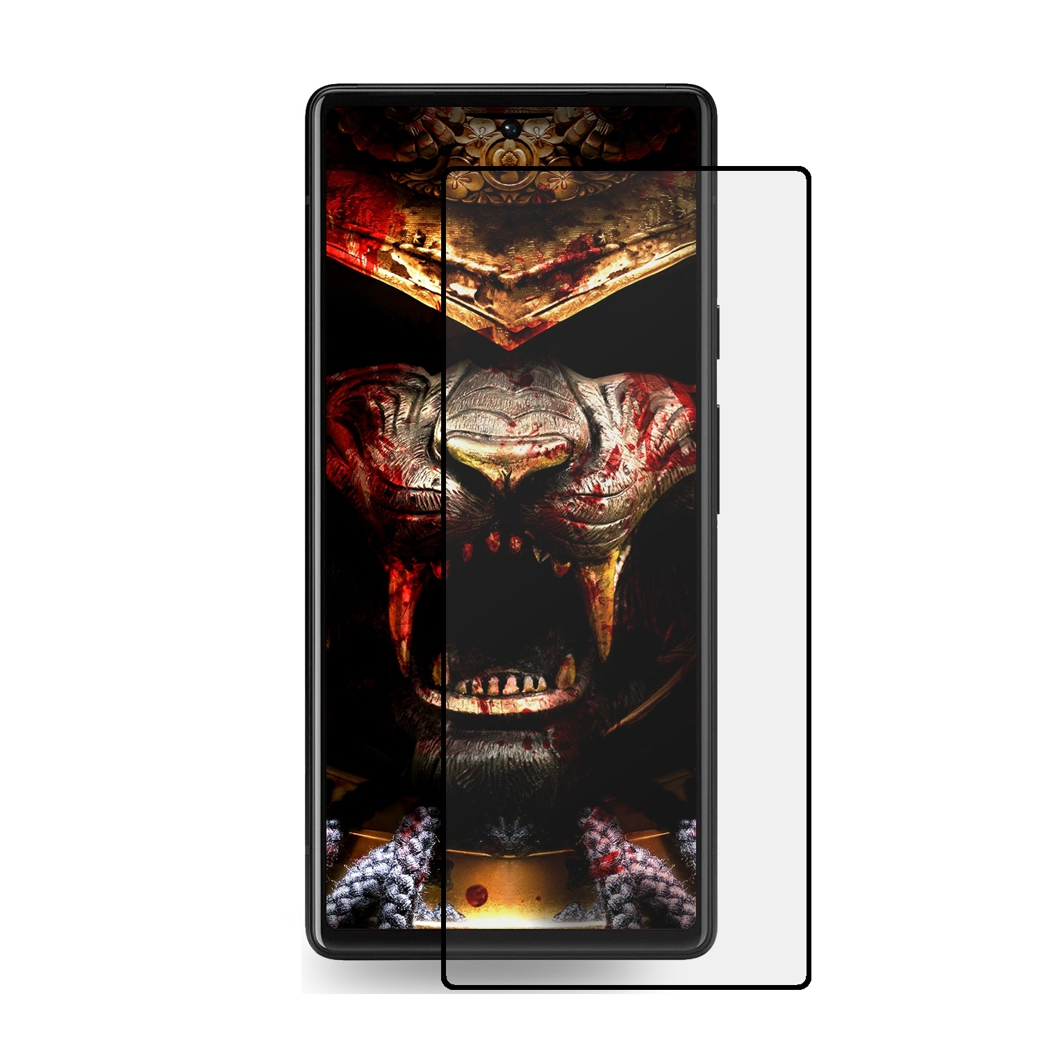 Ein Telefon mit Displayschutz, der ein Monstergesicht zeigt.