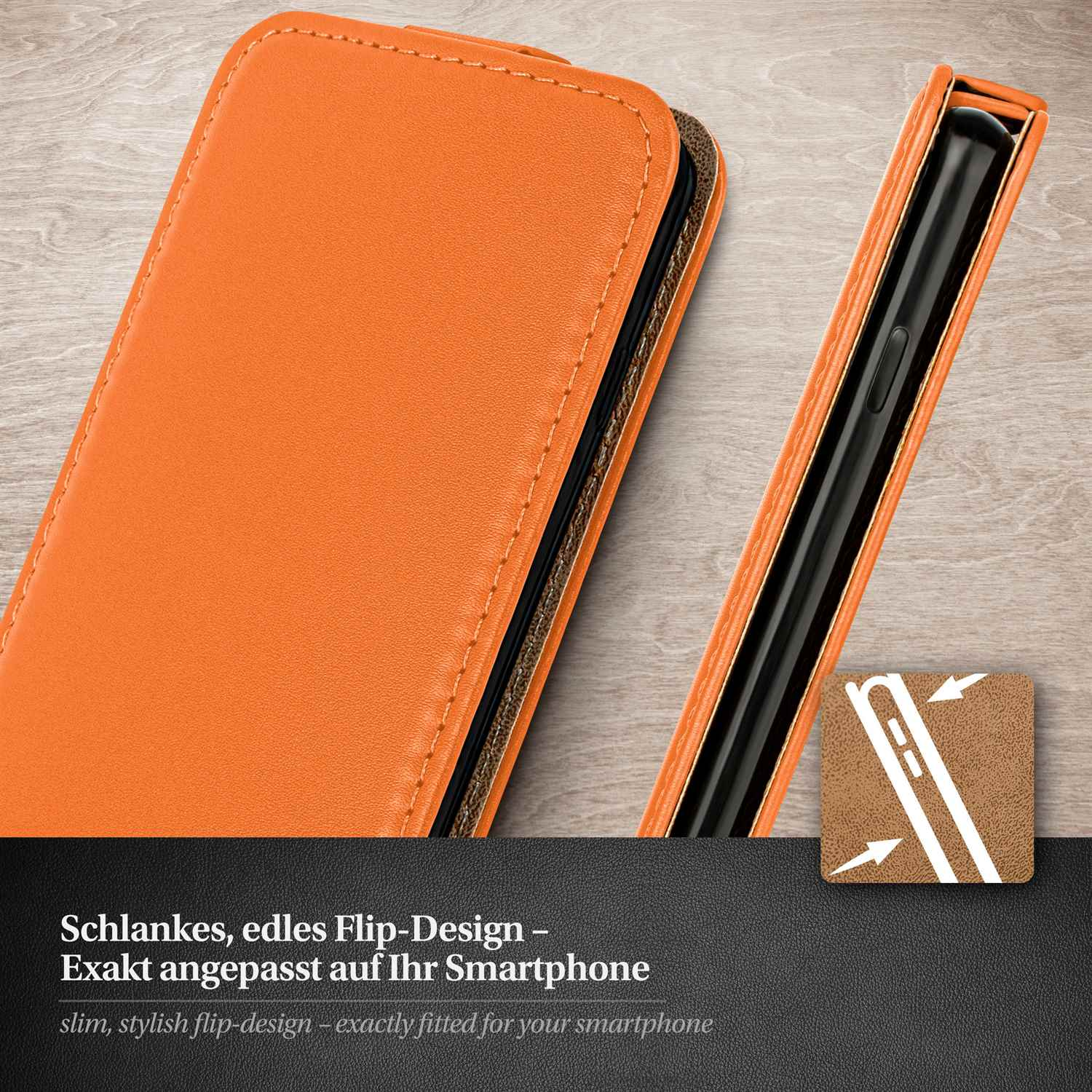 Eine orangefarbene Handyhülle, offen, mit schlankem, stilvollem Flip-Design.