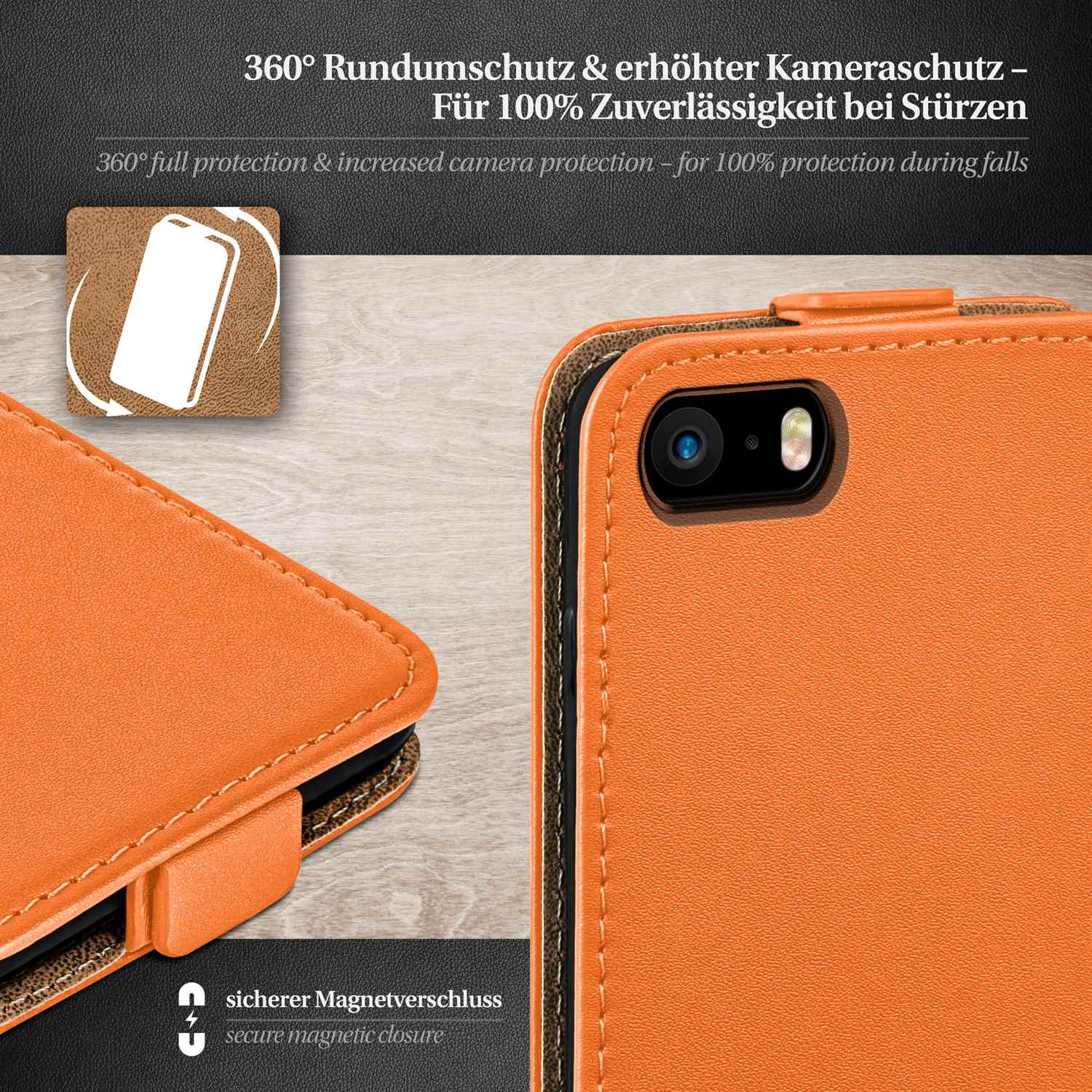 Orangene Handyhülle mit Magnetverschluss. Nahaufnahme, weißer Hintergrund.