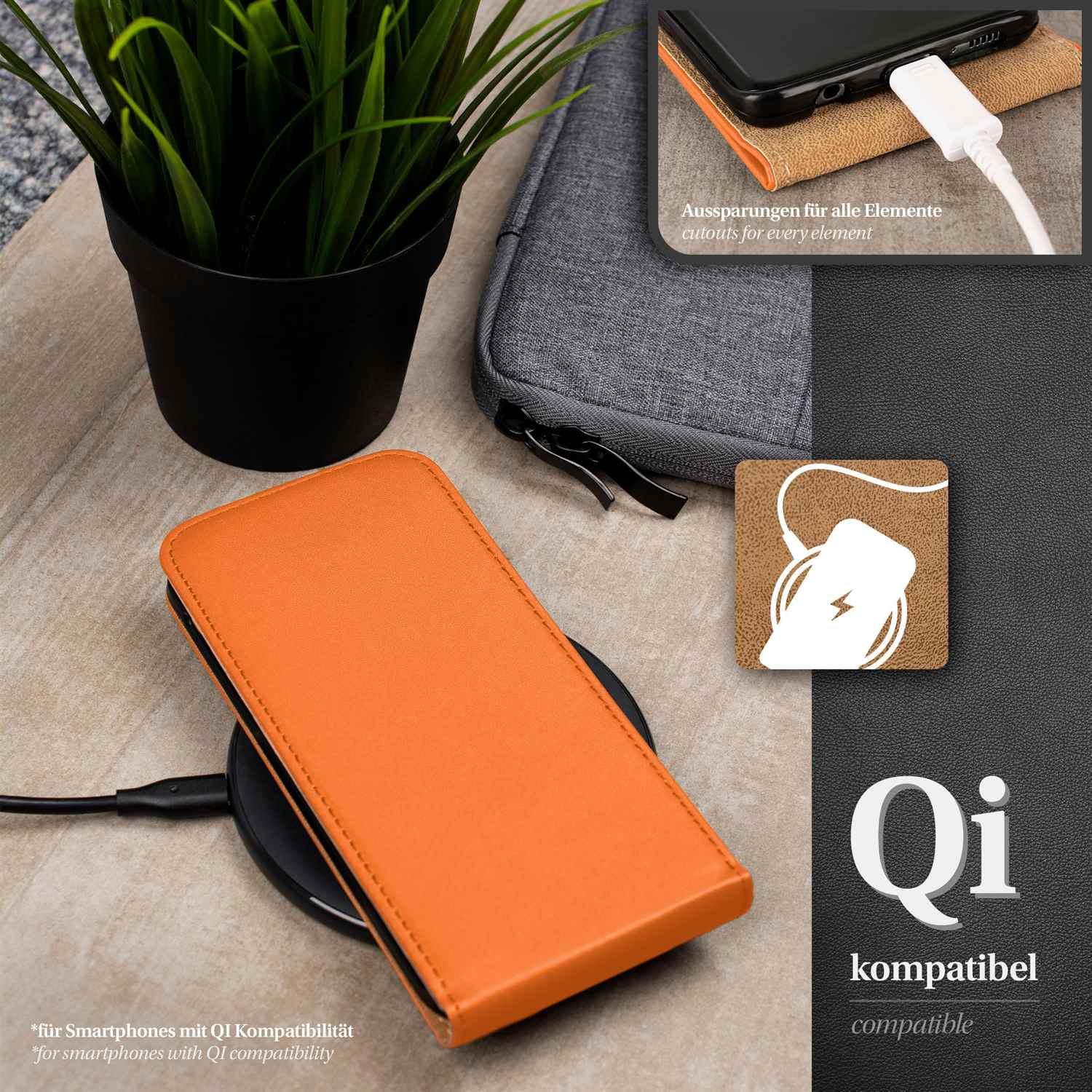 Eine orangefarbene Handyhülle auf einem kabellosen Ladepad. Daneben ein schwarzer Topf.