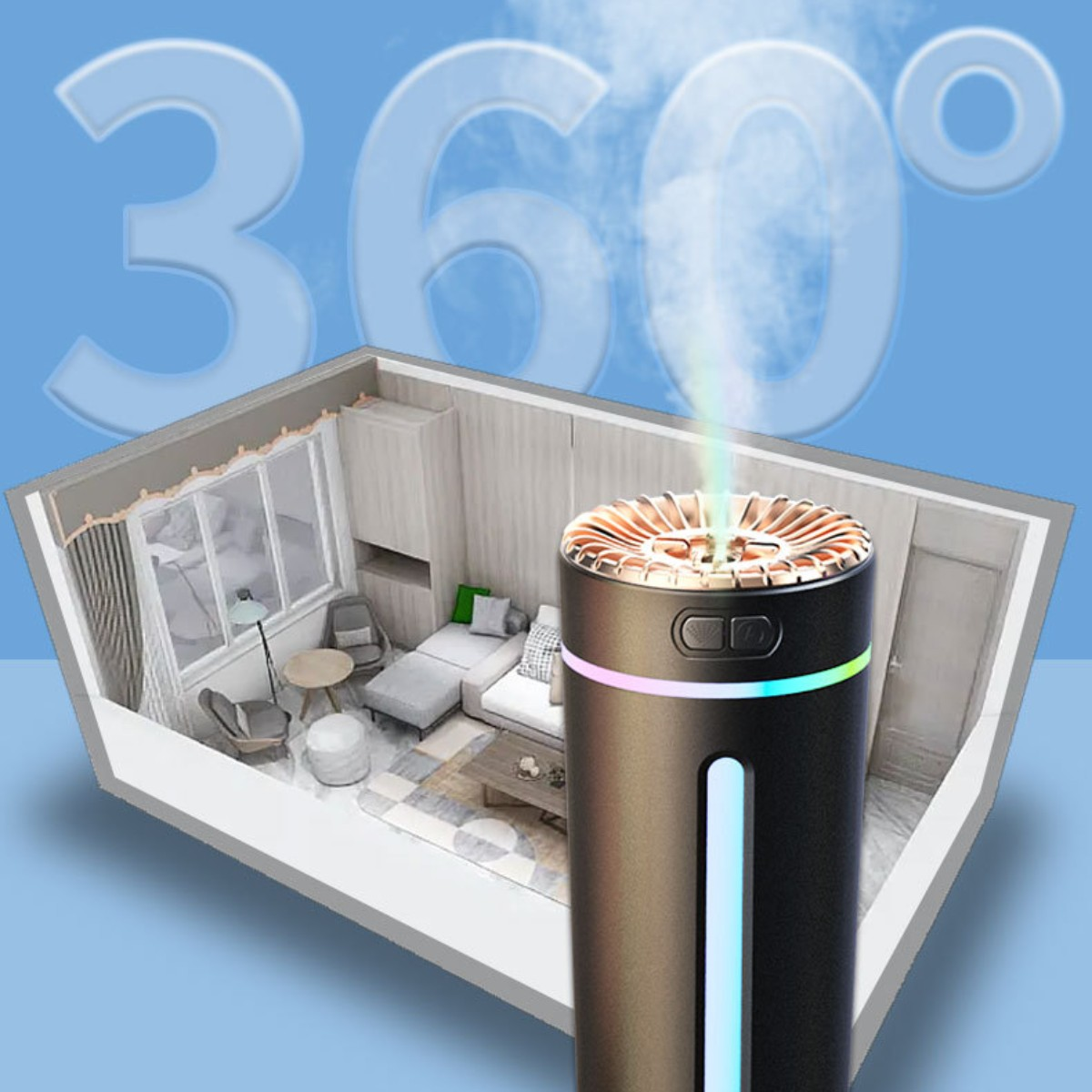 Ein Mixer mit einer 360°-Szenenillustration, der Früchte und Eiswürfel mixt.
