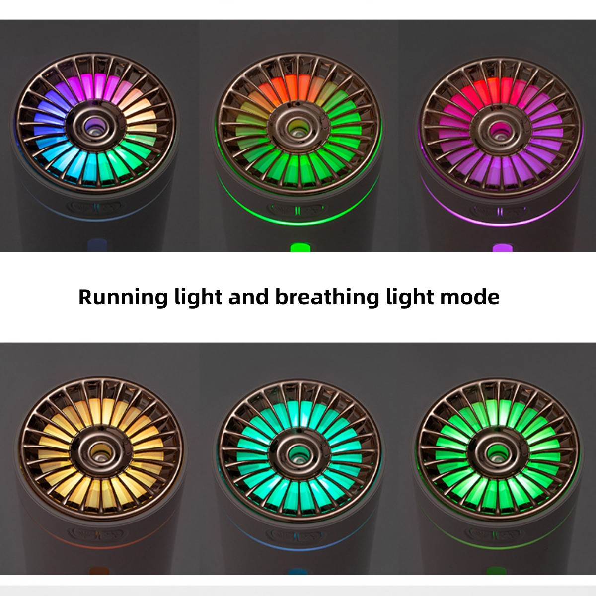 Nahaufnahme eines Luftbefeuchters mit Farbwechsel-Lichtern, zeigt Lauf- und Atmen-Lichtmodi.