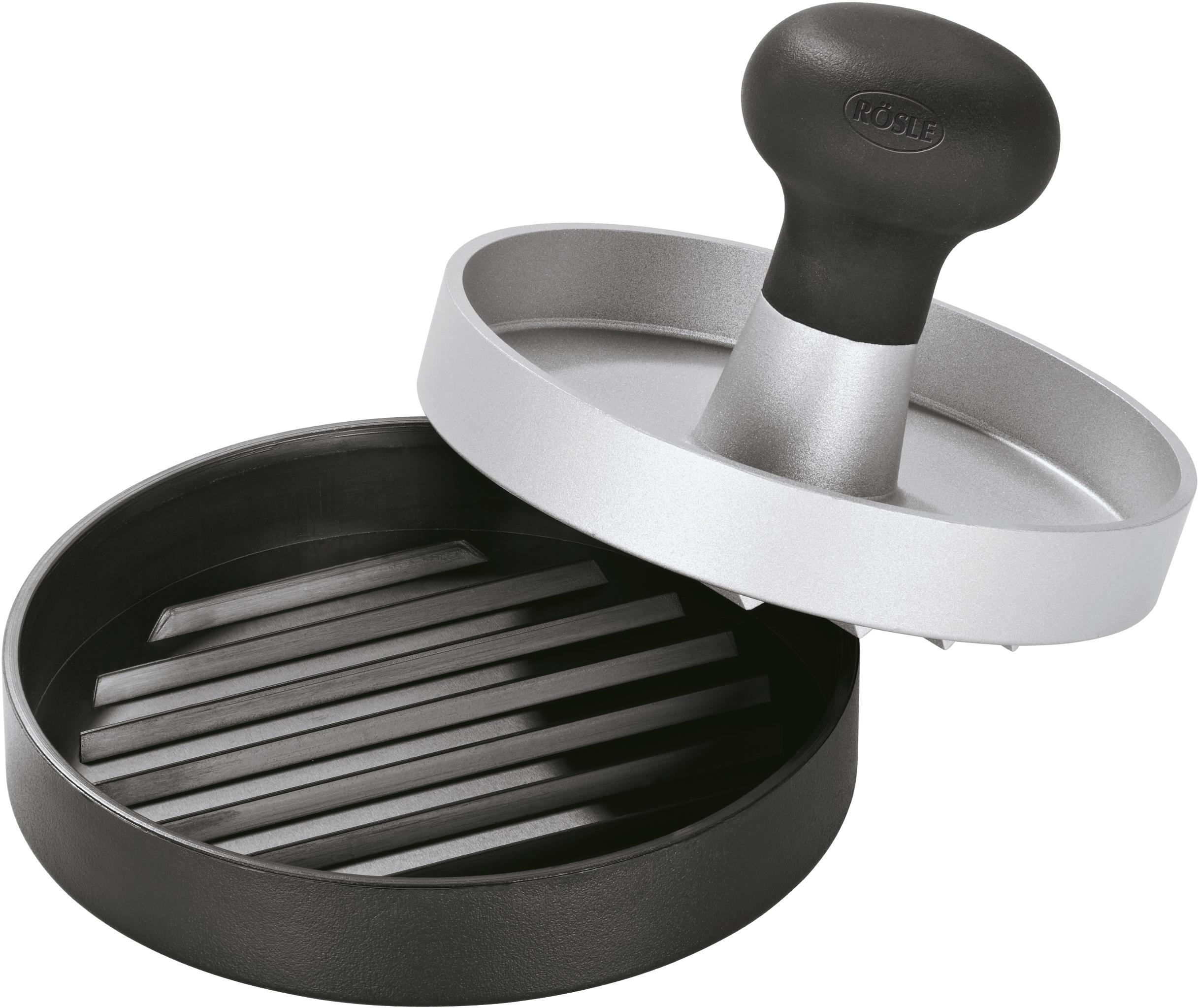 Burgerpresse mit schwarzem Boden und silbernem Pressdeckel, weißer Hintergrund.