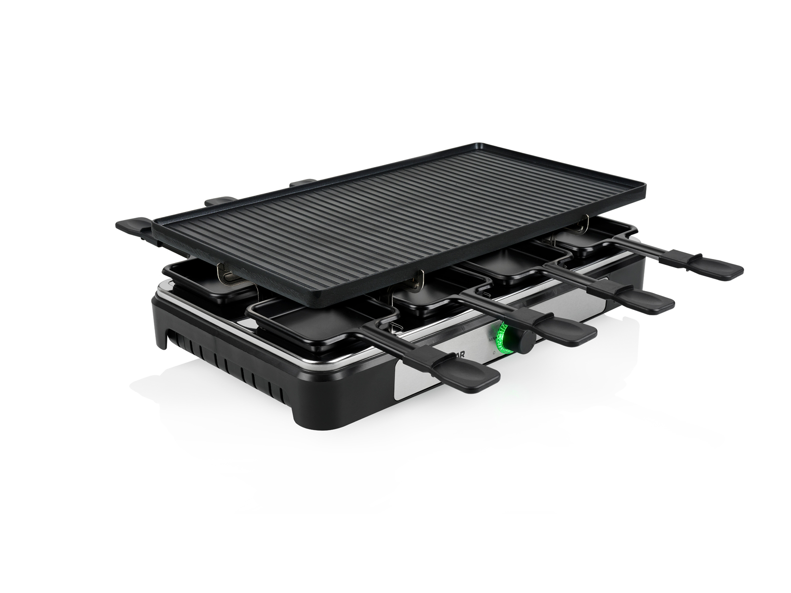 Ein Raclette-Grill mit Grillplatte und Käseschalen, bereit zum Kochen.