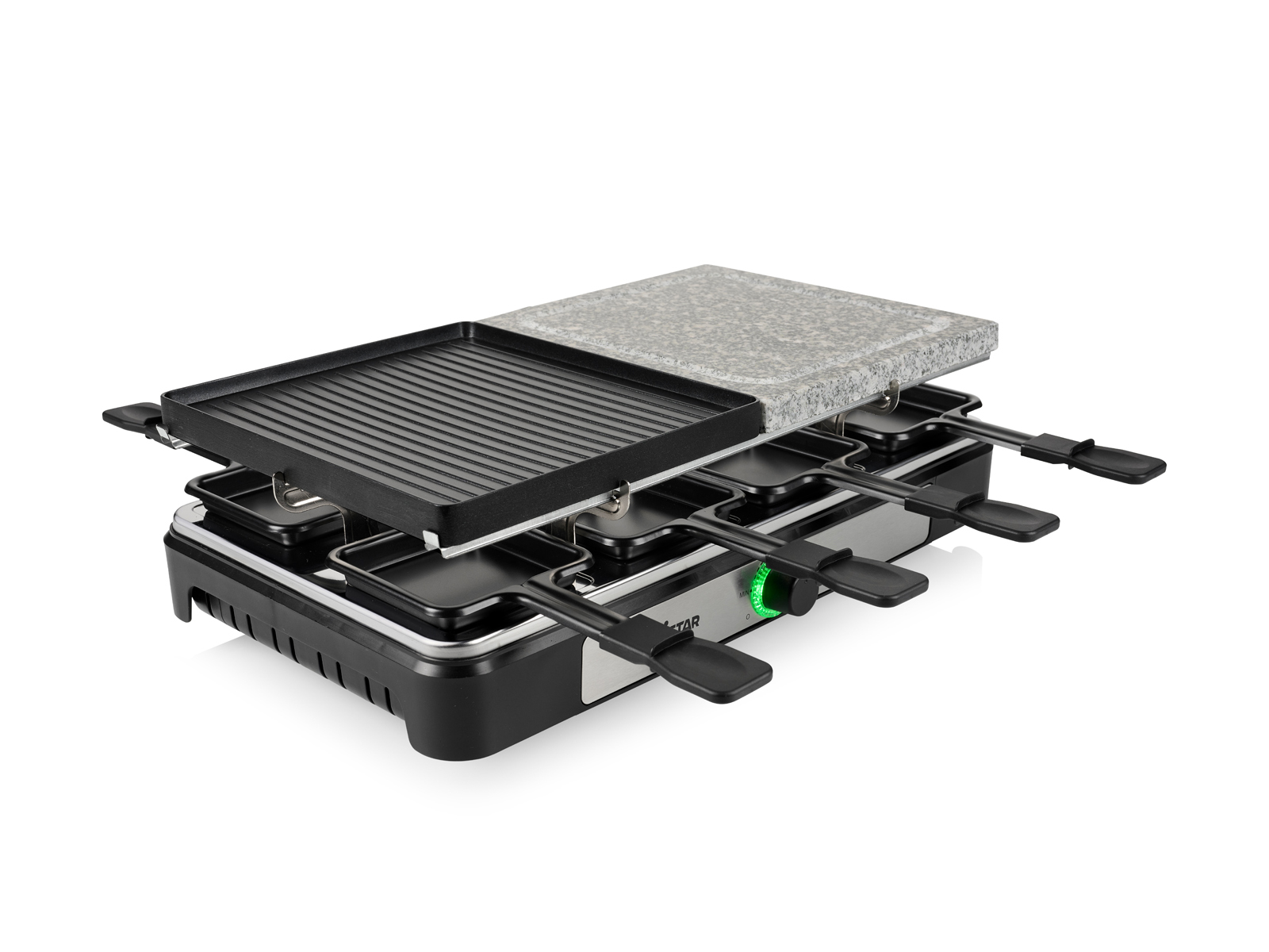 Ein Raclette-Grill mit Steinplatte und schwarzer Grillpfanne.