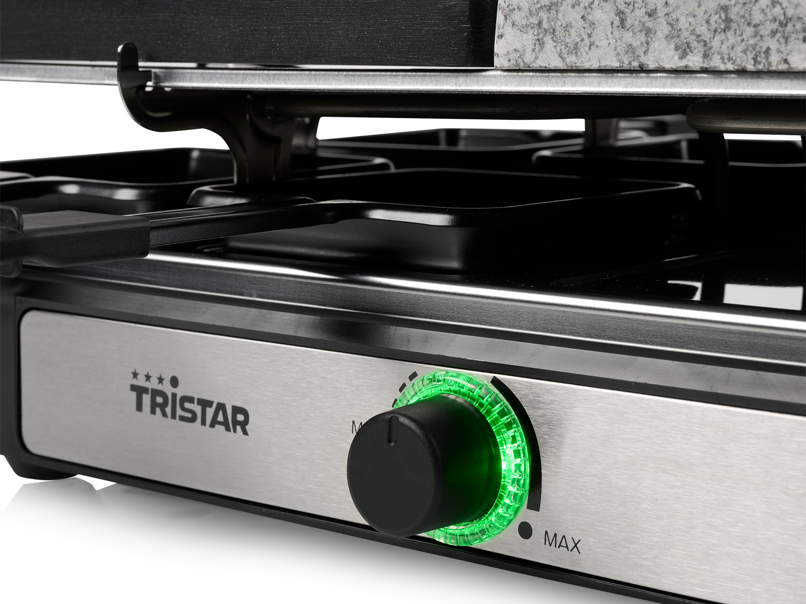 Nahaufnahme eines Raclette-Grills mit Temperaturregler.
