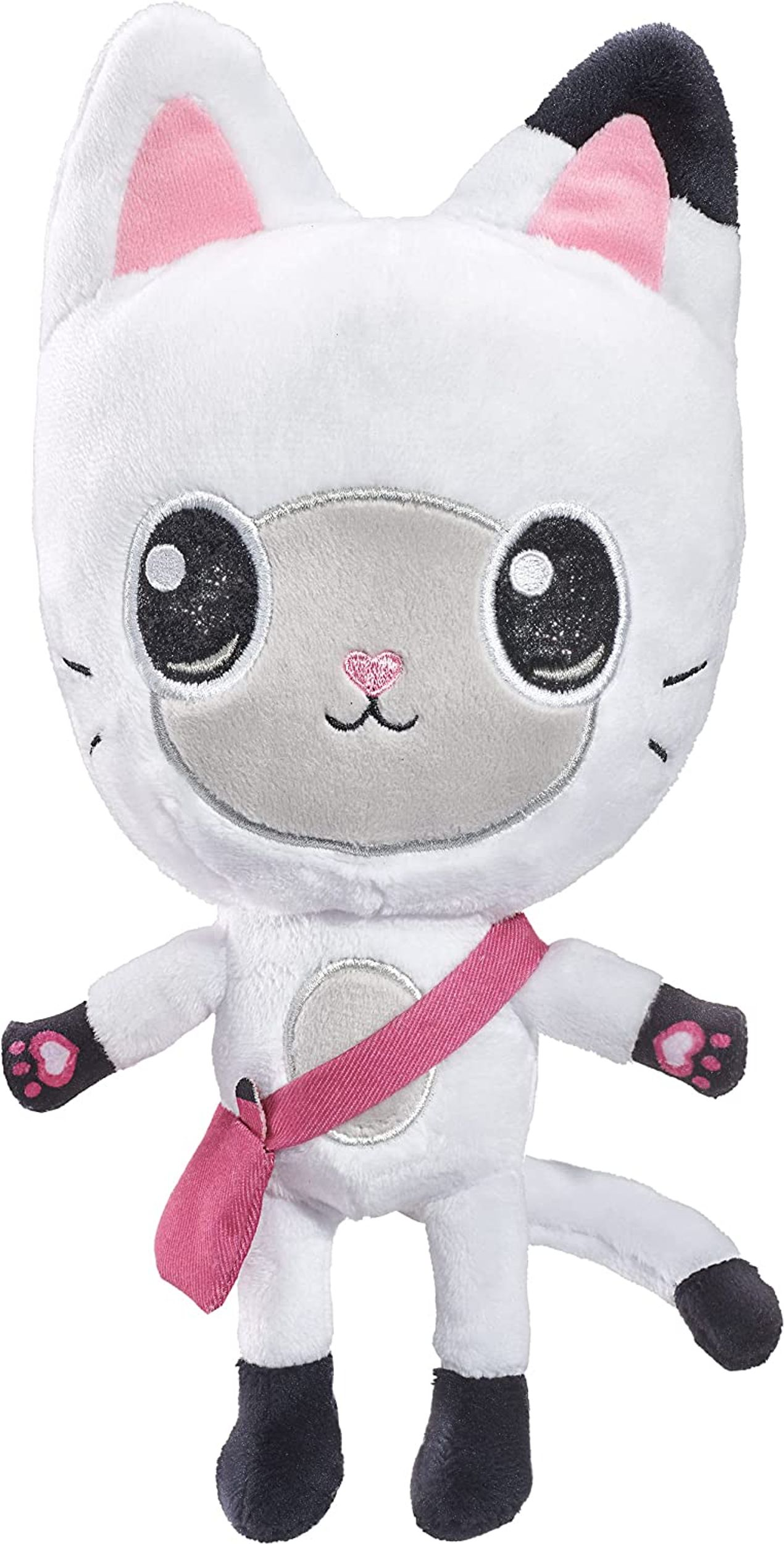 Biała pluszowa zabawka kota z różowymi akcentami, nosząca różową torbę kurierską. Ma duże oczy.