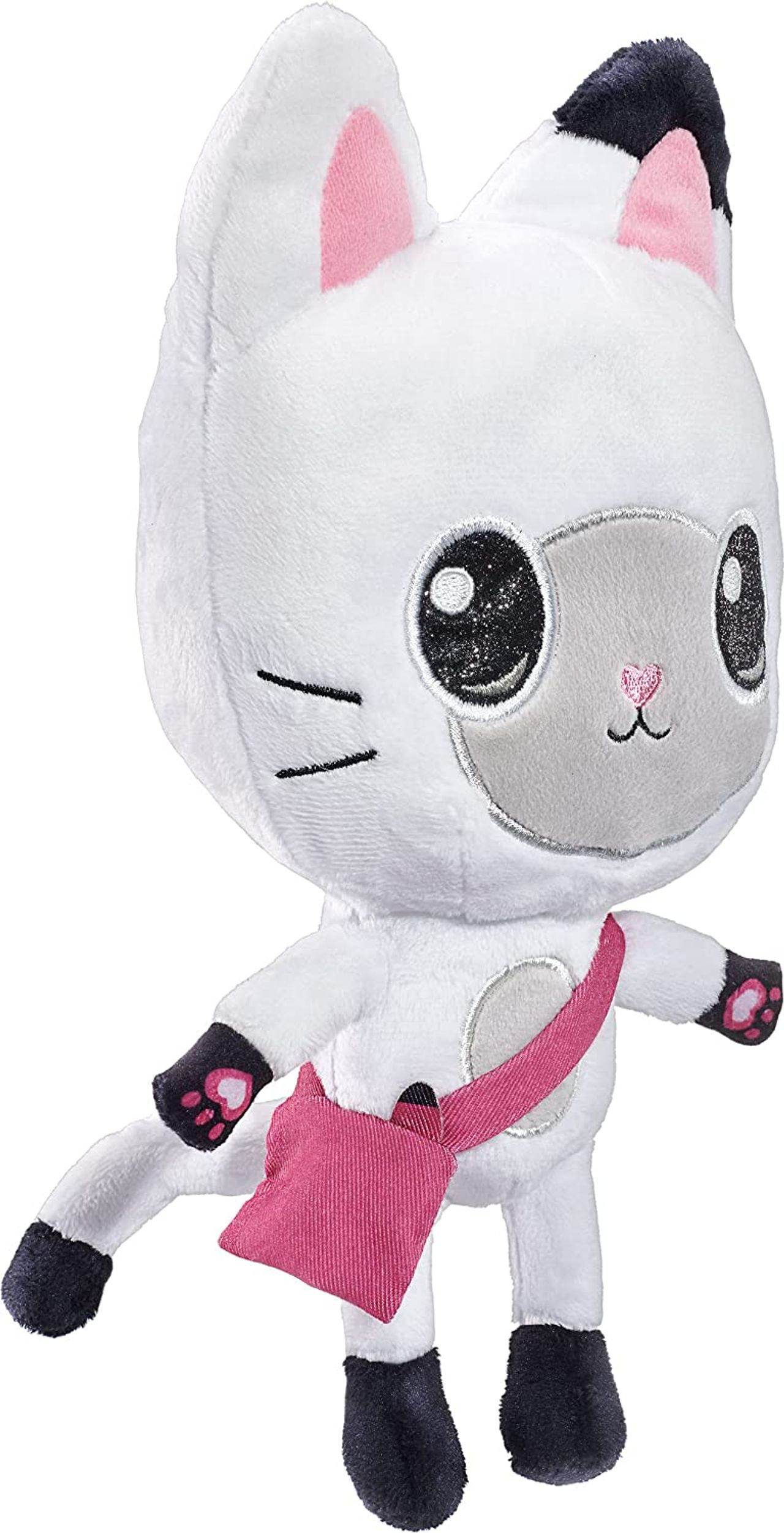 Biała pluszowa zabawka kota z różowymi akcentami i różową torbą.