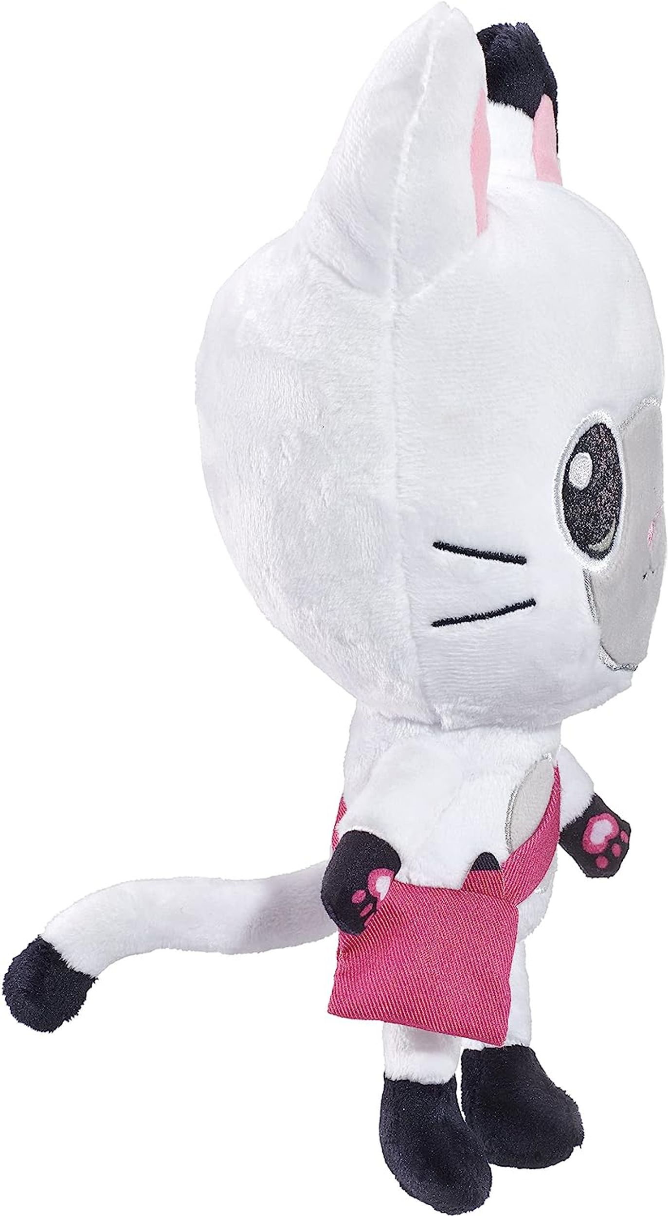 Pluszowa zabawka kota z różową torbą. Kot jest biały z czarnymi i szarymi akcentami.