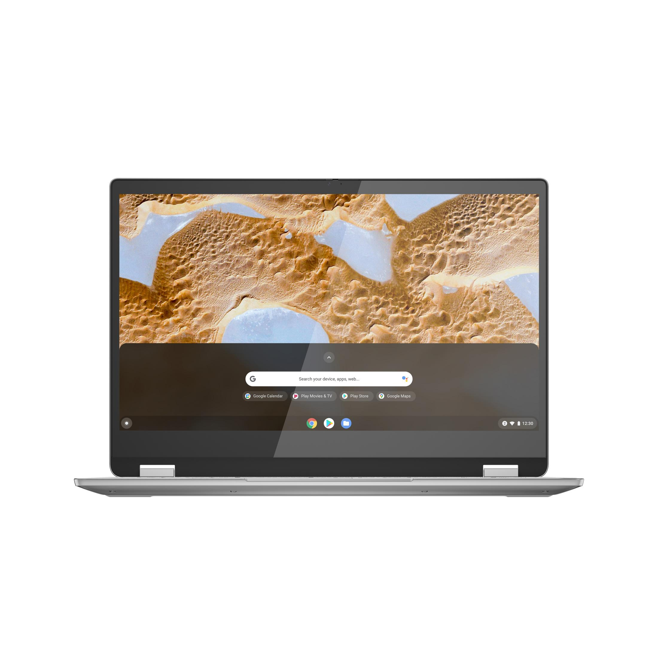 Silberner Laptop, geöffnet, zeigt ein Sanddünenbild und eine Suchleiste. Grauer Rahmen, weißer Hintergrund.
