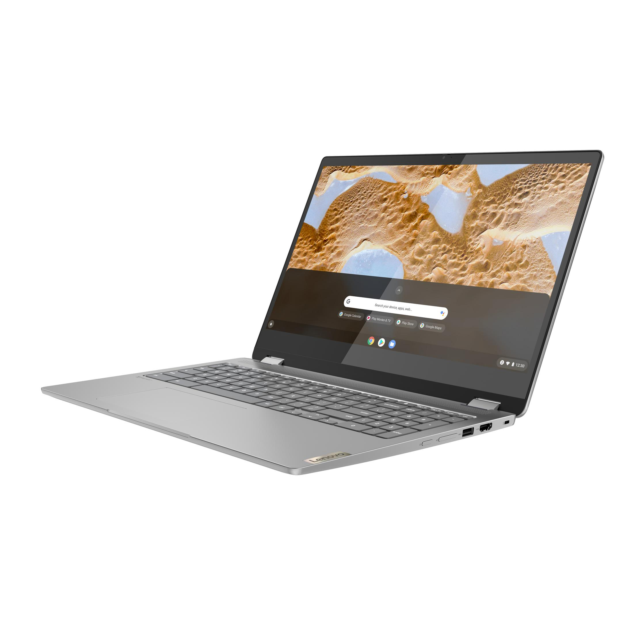 Silberner Lenovo-Laptop mit grauer Tastatur. Der Bildschirm zeigt eine Wüstenlandschaft, weißer Hintergrund.