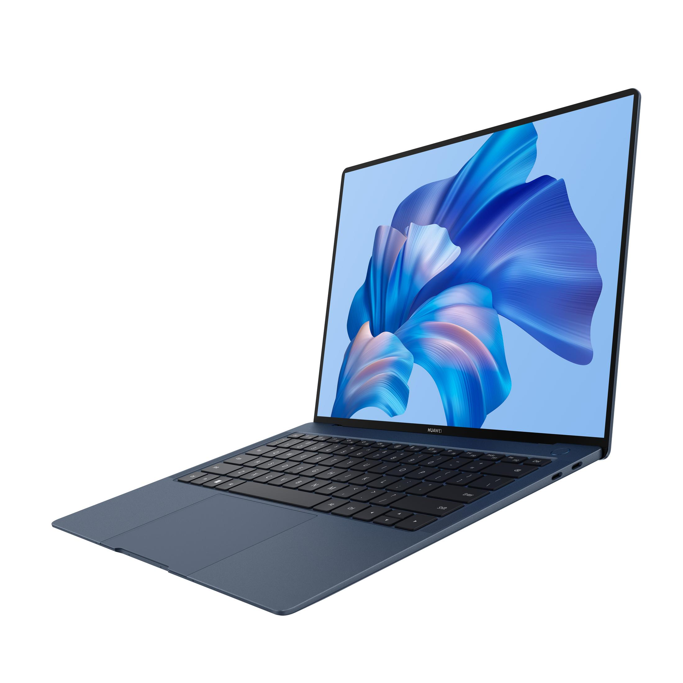 Ein blaues Huawei-Laptop ist geöffnet. Der Bildschirm zeigt ein blaues abstraktes Bild. Die Tastatur ist schwarz.