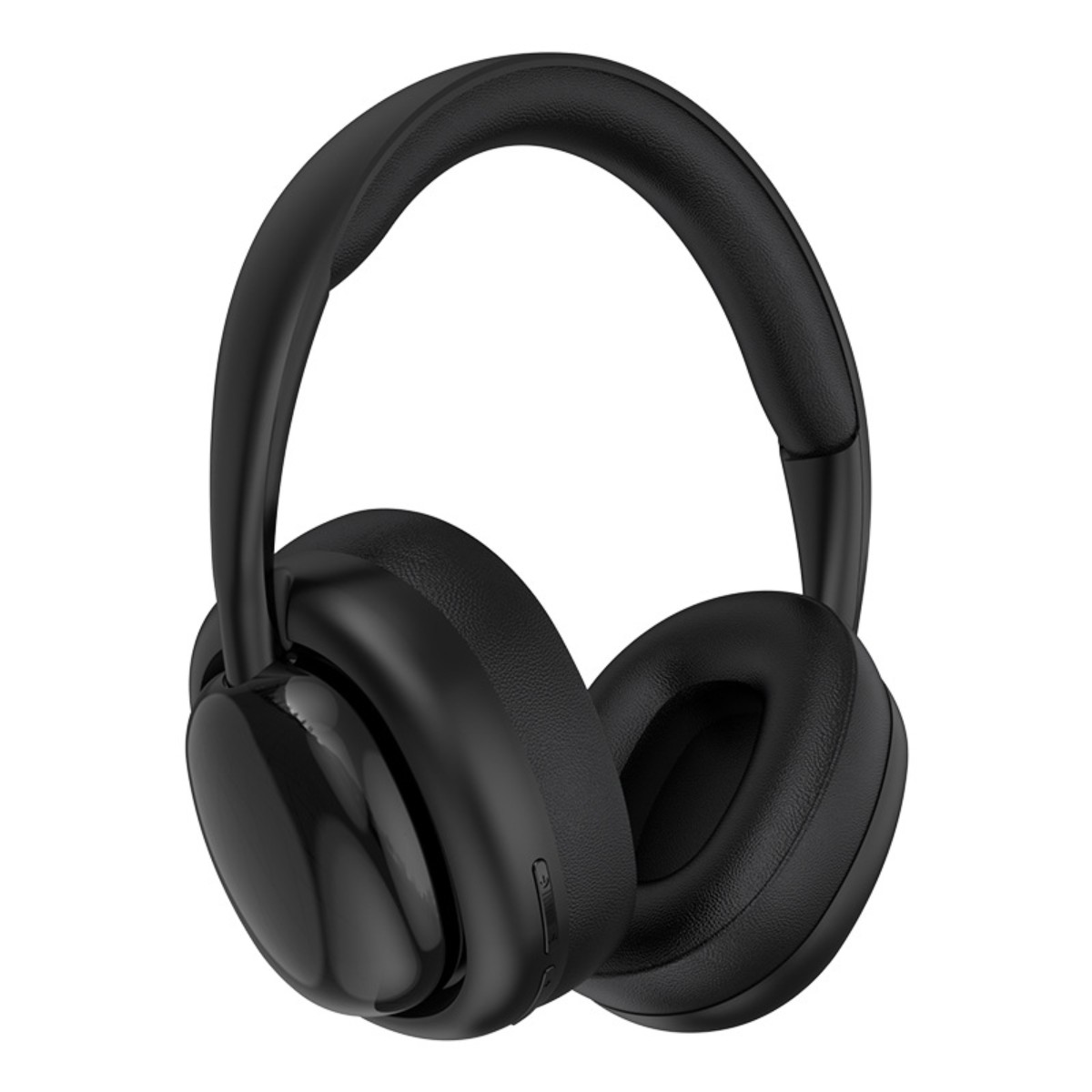 Schwarze Kopfhörer. Die Kopfhörer sind Over-Ear-Stil. Der Hintergrund ist weiß.