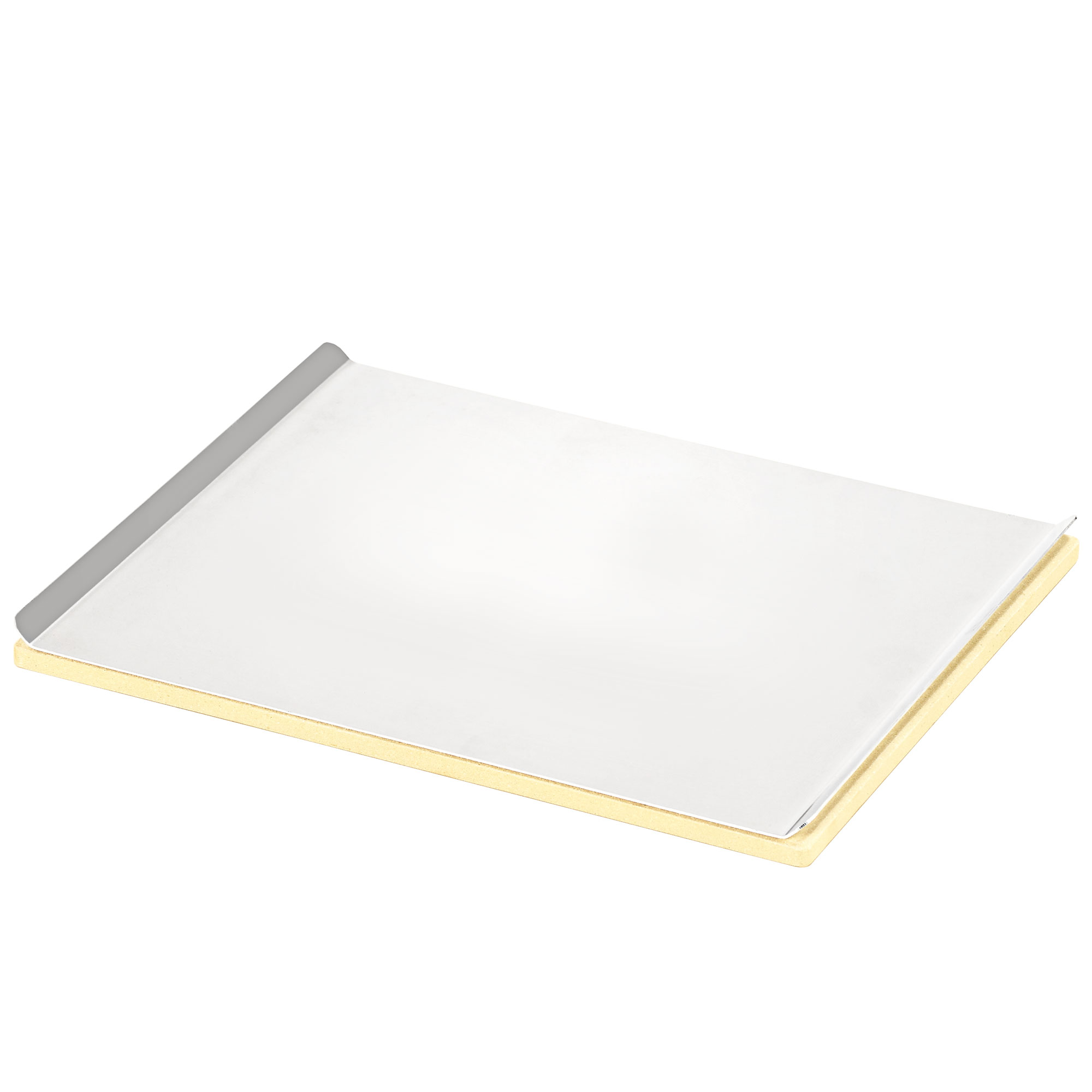 Ein graues Tablet in einem grauen Etui, mit blauem Bildschirm.