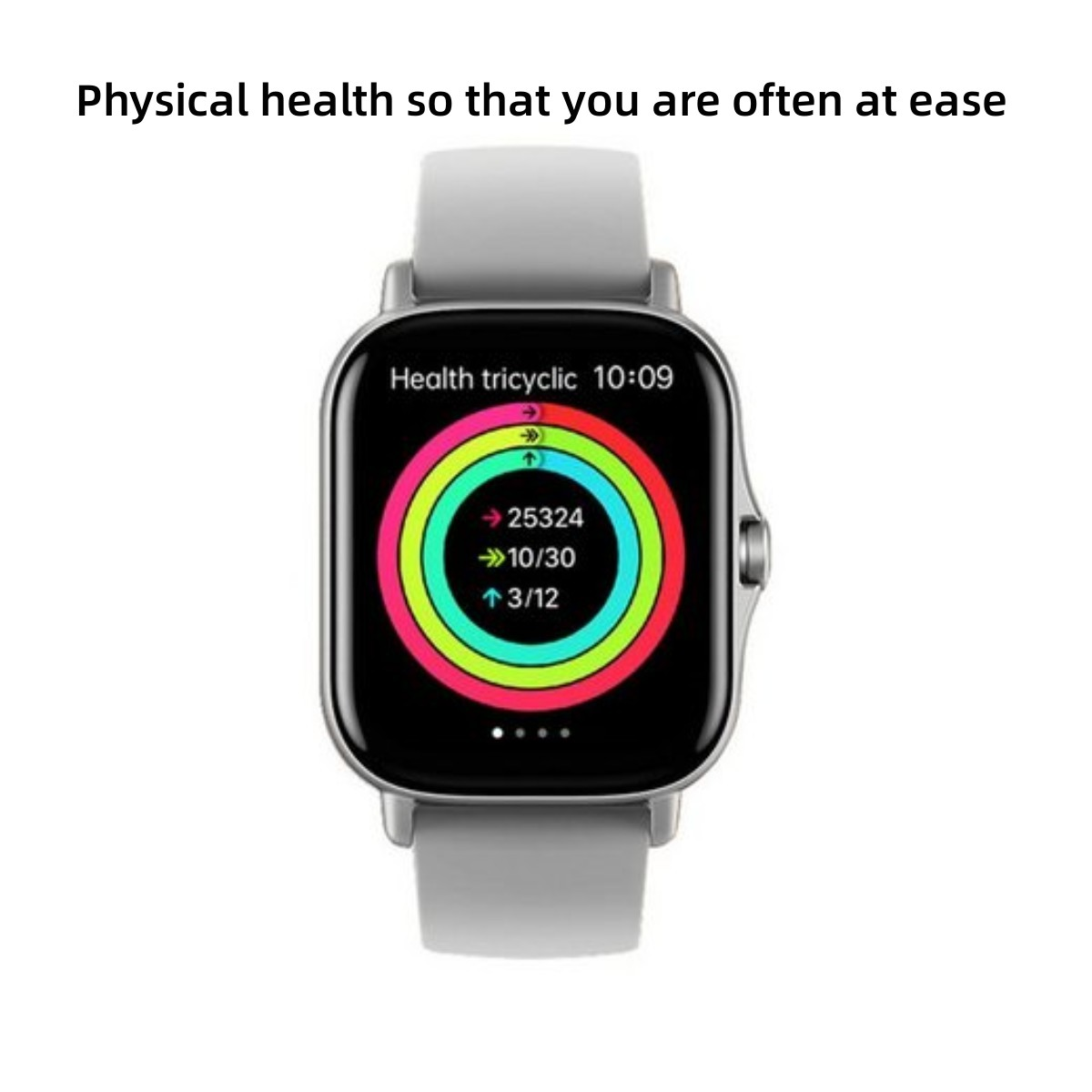 Smartwatch mit schwarzem Bildschirm, der Gesundheitsmetriken anzeigt. Die Uhr ist auf weißem Hintergrund, mit Text darüber.