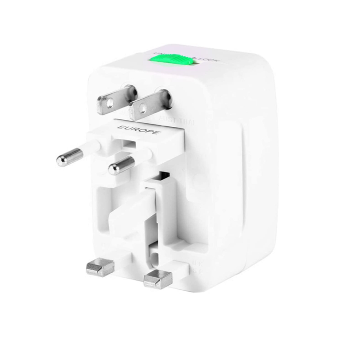 Un adaptador de viaje blanco con múltiples configuraciones de enchufe, con un botón verde en la parte superior.