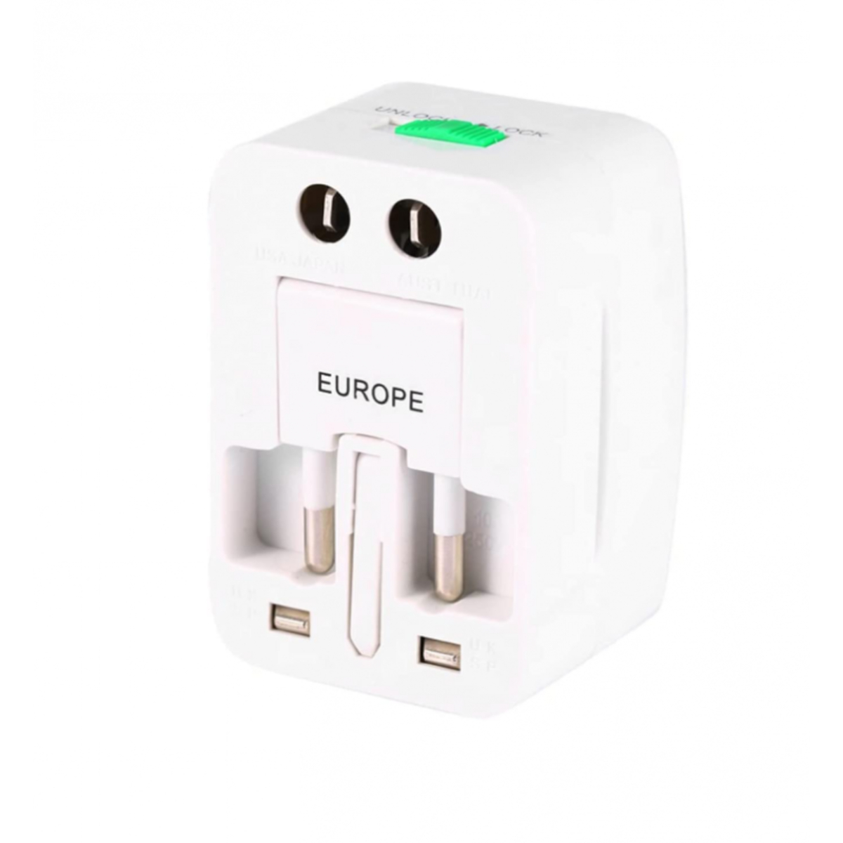 Un adaptador de viaje blanco en forma de cubo para Europa, con enchufes y USB.