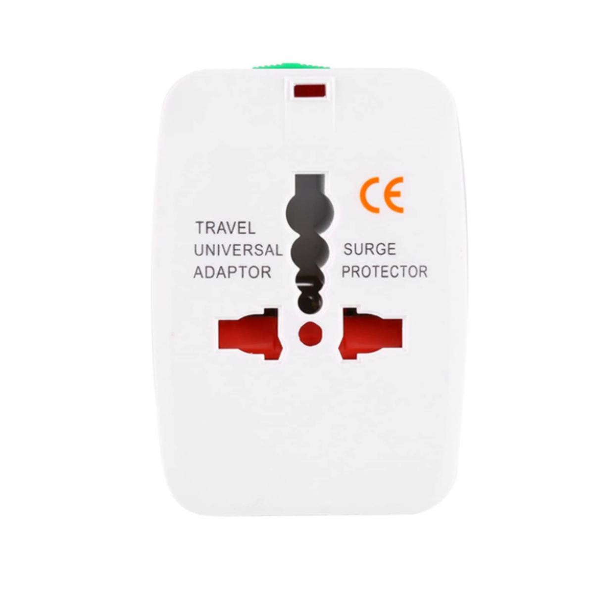 Adaptador de viaje blanco con enchufes universales y marca CE.