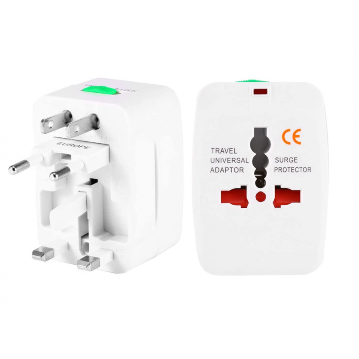 Un adaptador de viaje blanco con múltiples configuraciones de enchufe y una marca 'CE', fondo blanco.
