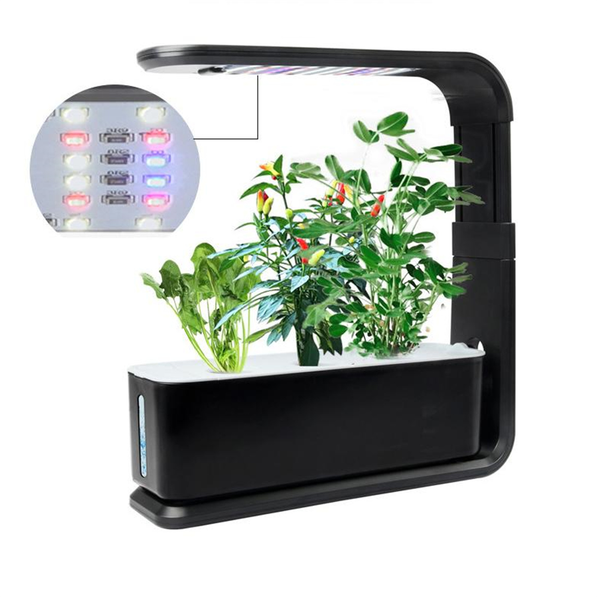 Ein schwarzes Indoor-Gartensystem mit Pflanzen und Licht, Nahaufnahme der LED-Anordnung des Lichts.