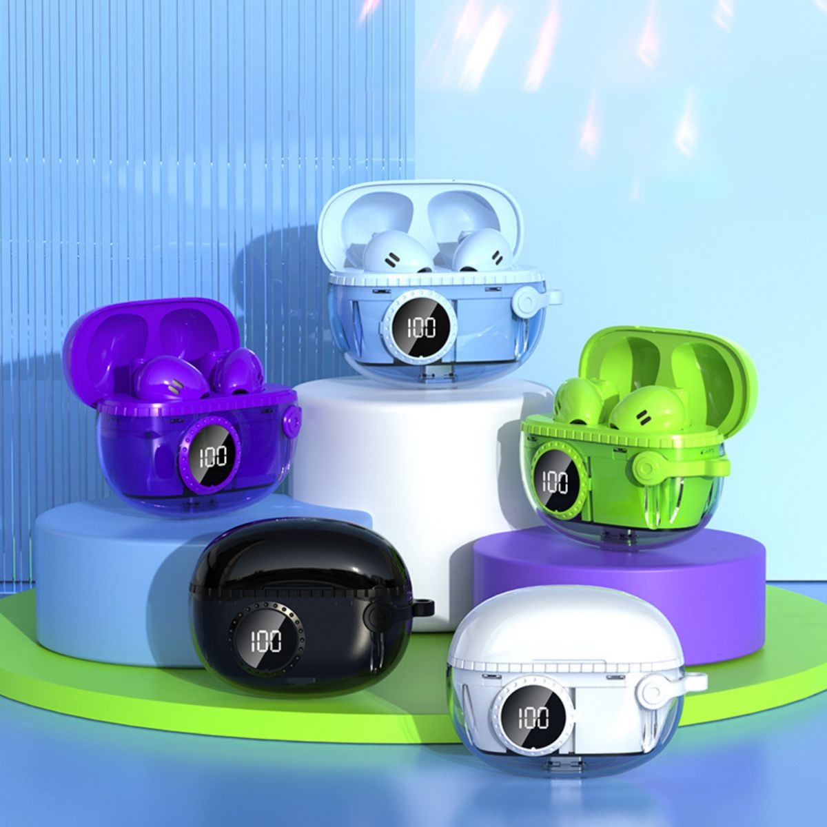 KINSI Kabellose Bluetooth Kopfhörer, Mini-Smart-Touch, Ladekoffer, In-ear lila LED-Display Bluetooth Kopfhörer