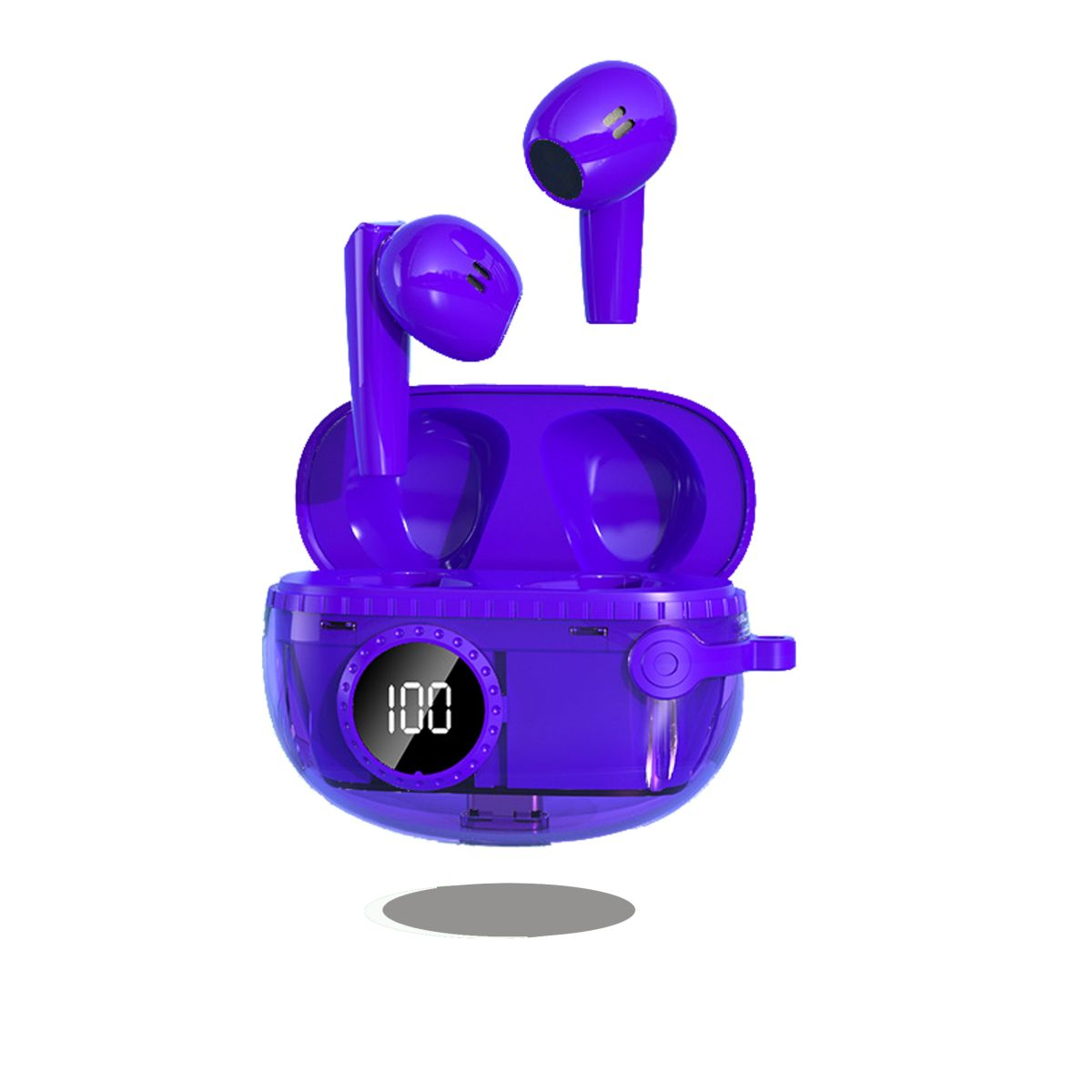 Fioletowe bezprzewodowe słuchawki i etui ładujące. Etui jest otwarte, pokazując słuchawki i wyświetlacz cyfrowy.