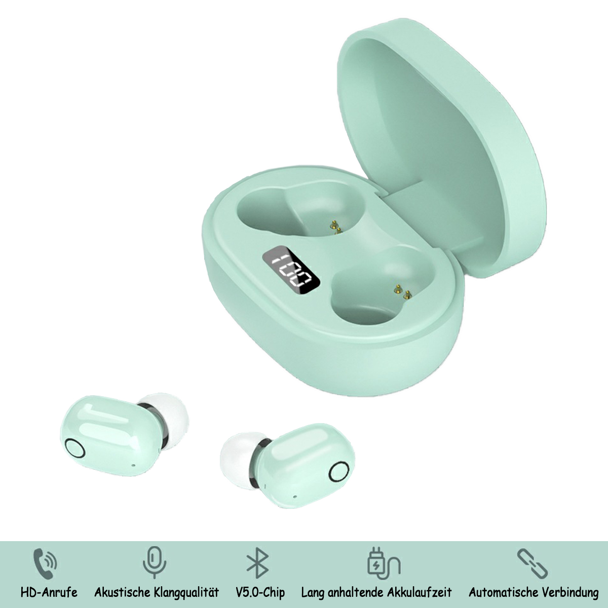 Stereo-Headset, In-Ear-Bluetooth Headset, Headset Bluetooth KINSI Mini-Smart-Touch-Kopfhörer, grün Bluetooth In-ear