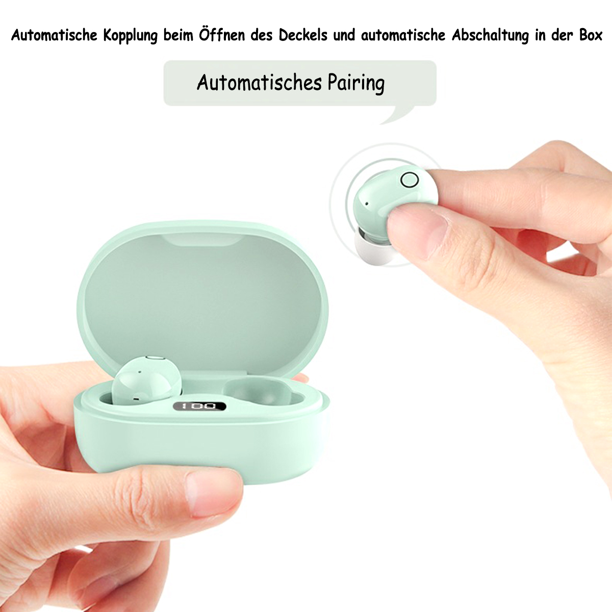 Osoba paruje białą słuchawkę z miętowo-zielonym etui ładującym. Etui jest otwarte.