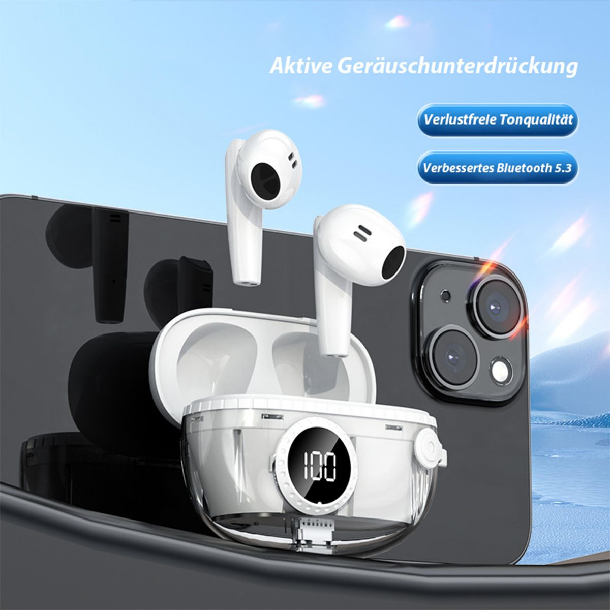 KINSI Kabellose Bluetooth Kopfhörer, In-ear weiß LED-Display Ladekoffer, Bluetooth Mini-Smart-Touch, Kopfhörer
