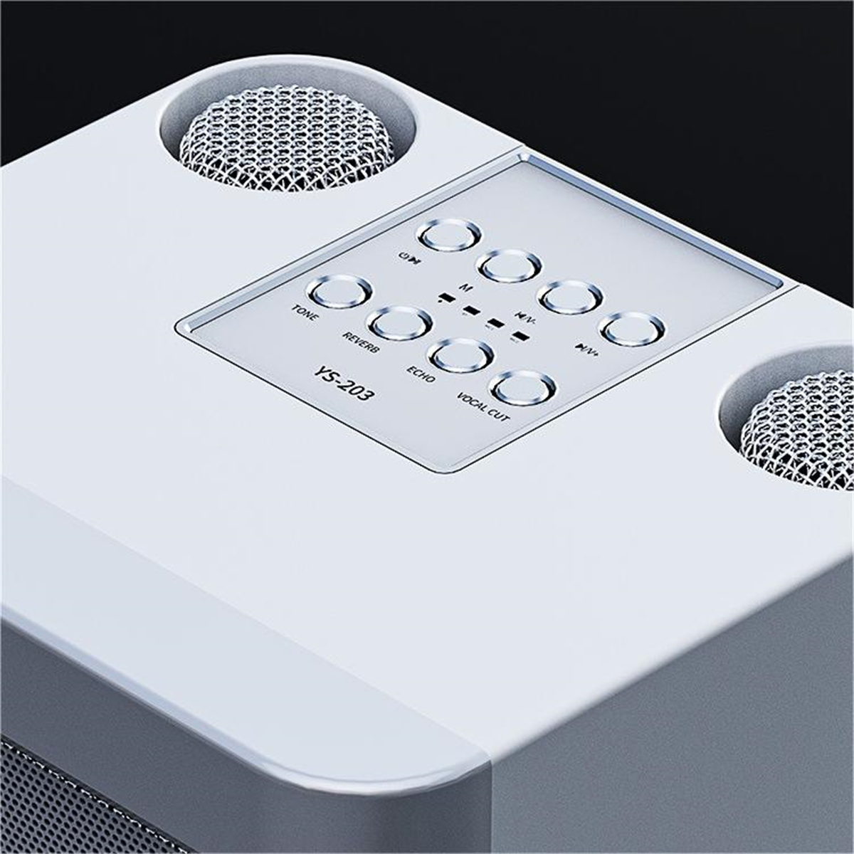 Primer plano de un dispositivo blanco con botones etiquetados como 'TONE', 'REVERB', 'ECHO', 'VOCAL CUT'. Rejillas de altavoz de malla.