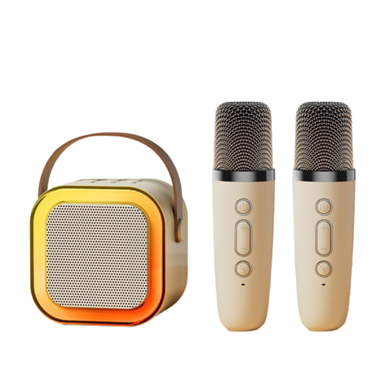 Un altavoz portátil y dos micrófonos, de color beige y dorado.