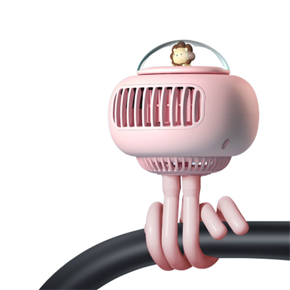 Ein rosa Ventilator mit einer Cartoonfigur oben und flexiblen Armen, an einer Stange befestigt.
