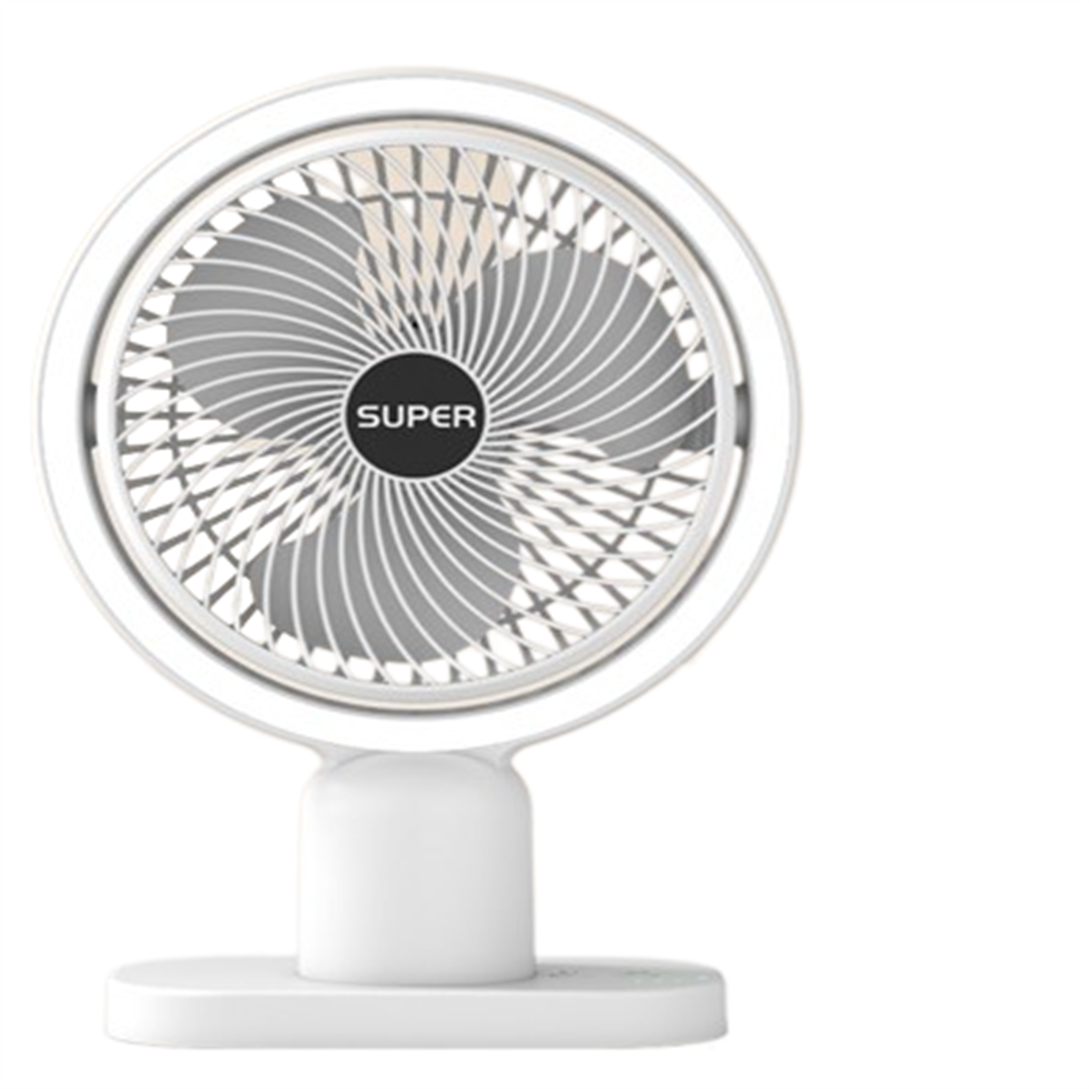 Weißer, kreisförmiger Ventilator mit 'SUPER'-Text auf einem Ständer, auf weißem Hintergrund.