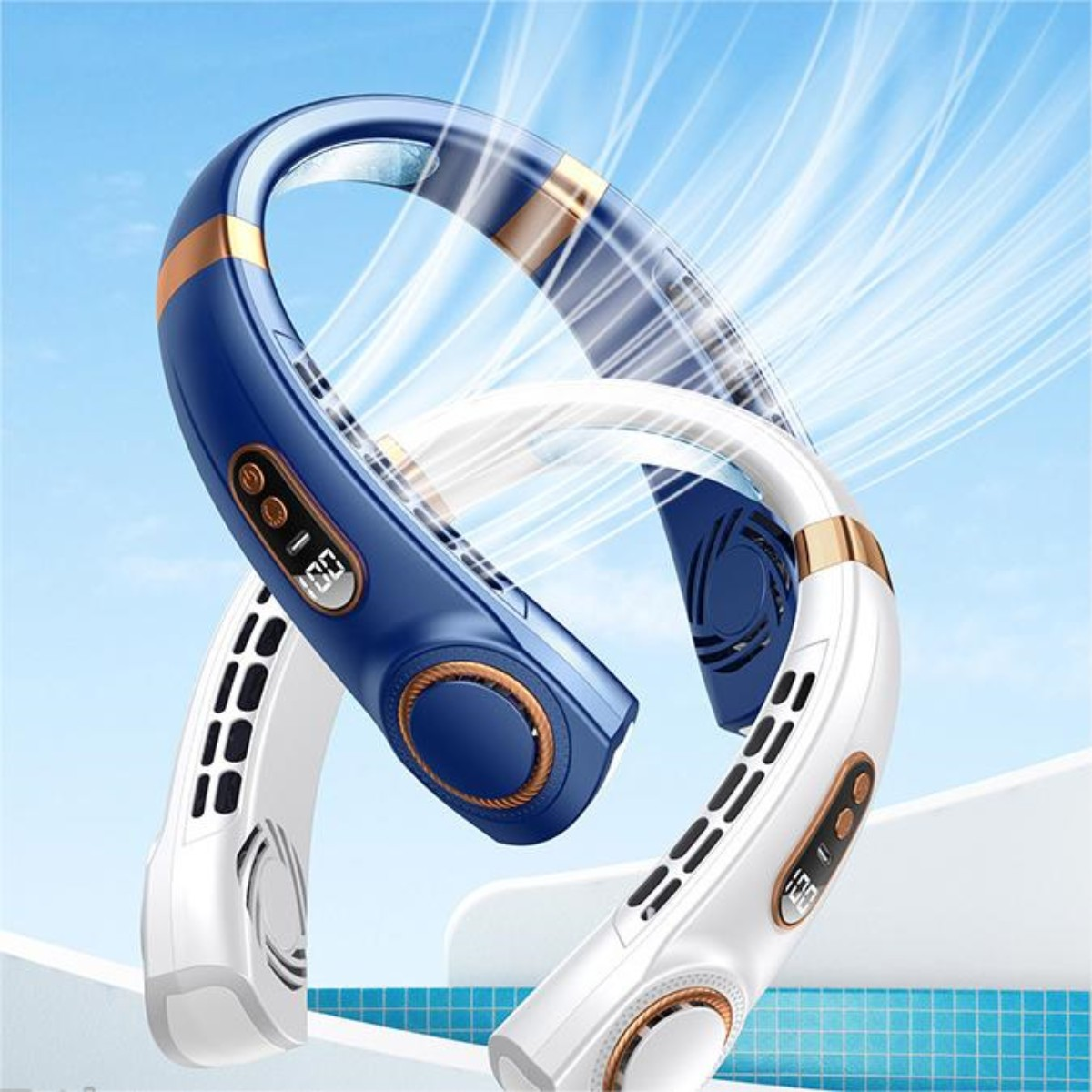 blauer Blau USB Nackenventilator, geräuschloser Hängender Mini-Elektroventilator UWOT Hängeventilator blattloser