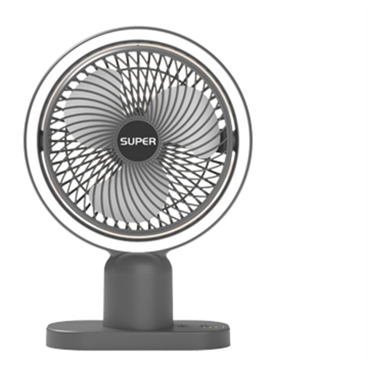 Ein grauer Ventilator mit weißem kreisförmigen Akzent. Der Text 'SUPER' ist sichtbar.