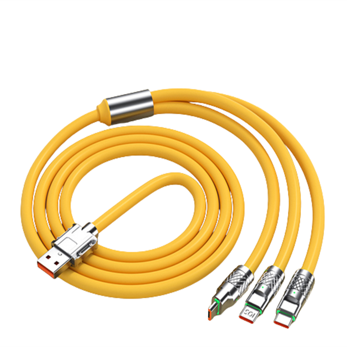 Gelbes Mehrfach-Ladekabel mit USB und drei verschiedenen Telefonanschlüssen.