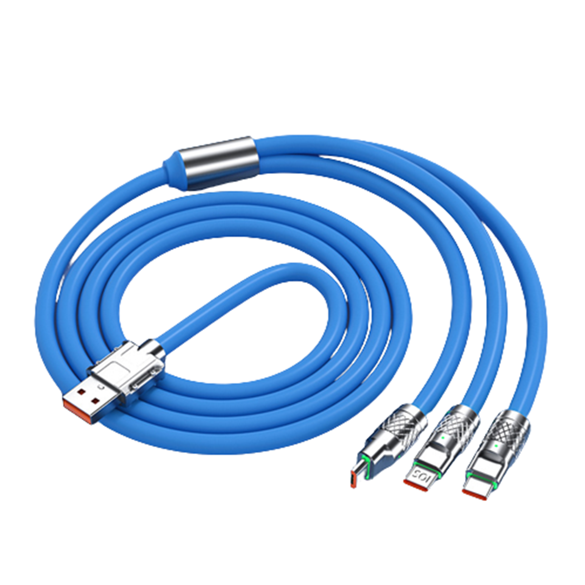 Blaues, aufgerolltes Ladekabel mit mehreren Anschlusstypen. Weißer Hintergrund.